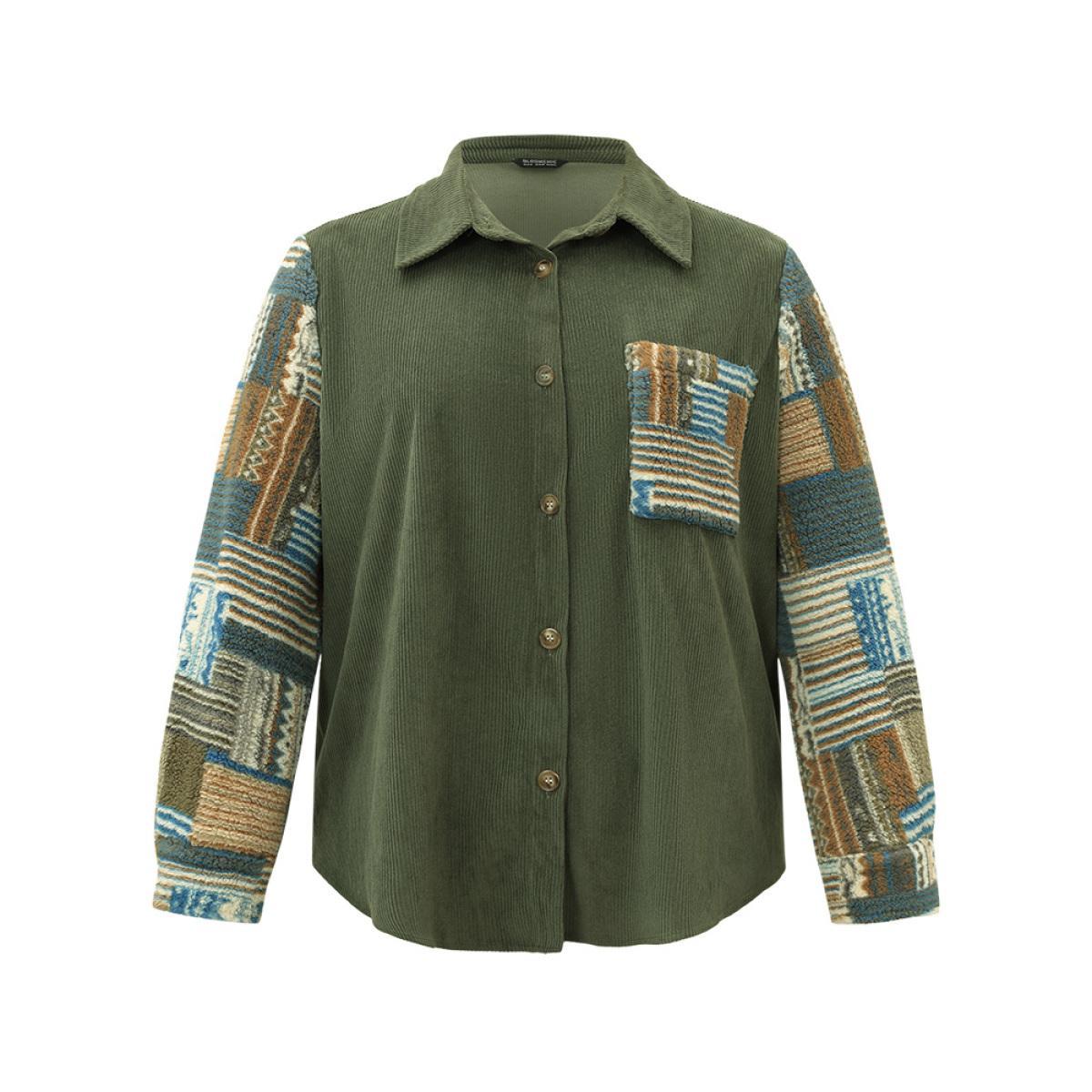Plus Size Textured Contrast Patchwork Button Through Jacket Women ArmyGreen Casual Contrast Ladies Dailywear Winter Coats BloomChic 10/M Product Image