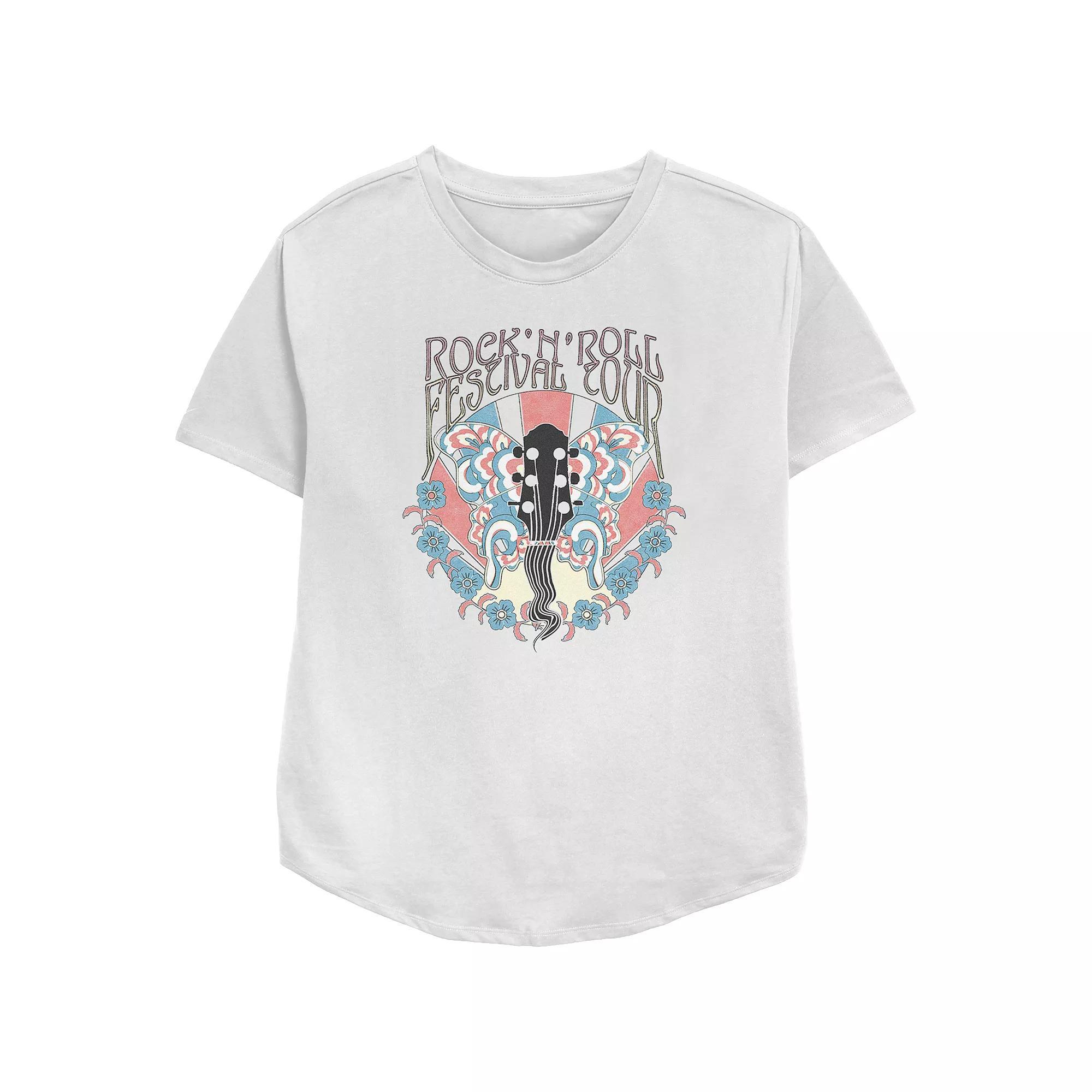 Women's Rock'N'Roll Festival Tour Guitar Flowers Butterfly Psychedelia Relaxed Fit Graphic Tee, Girl's, Size: Large, White Product Image