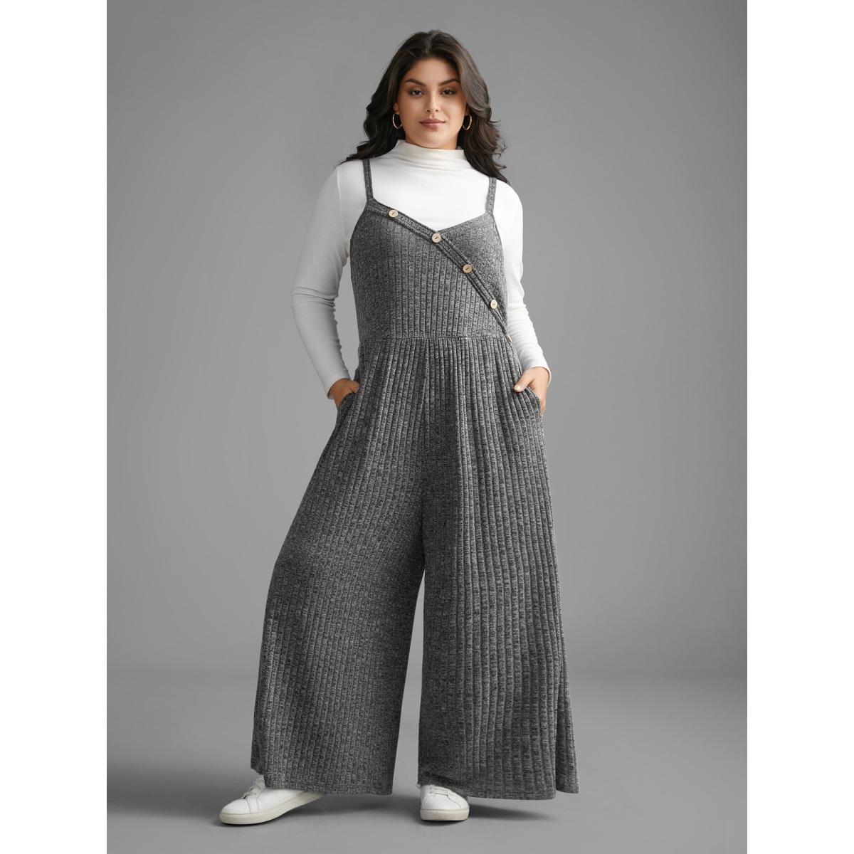 Plus Size DimGray Plain Rib Knit Button Detail Jumpsuit Women Casual Sleeveless Heart neckline Everyday Loose Jumpsuits BloomChic 14-16/1X Product Image