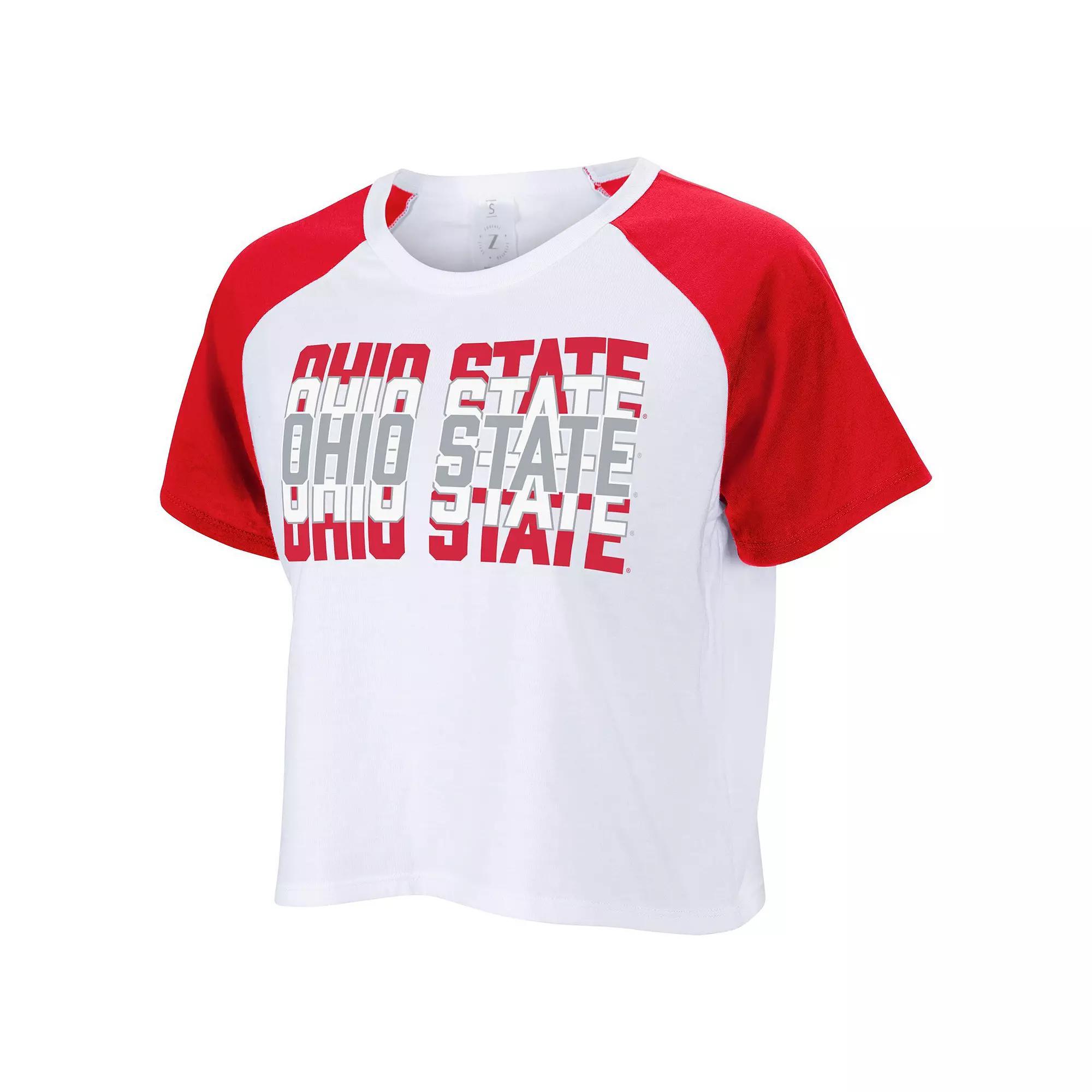 Women's ZooZatz White Ohio State Buckeyes Colorblock Repeat Raglan Cropped T-Shirt, Size: XL Product Image