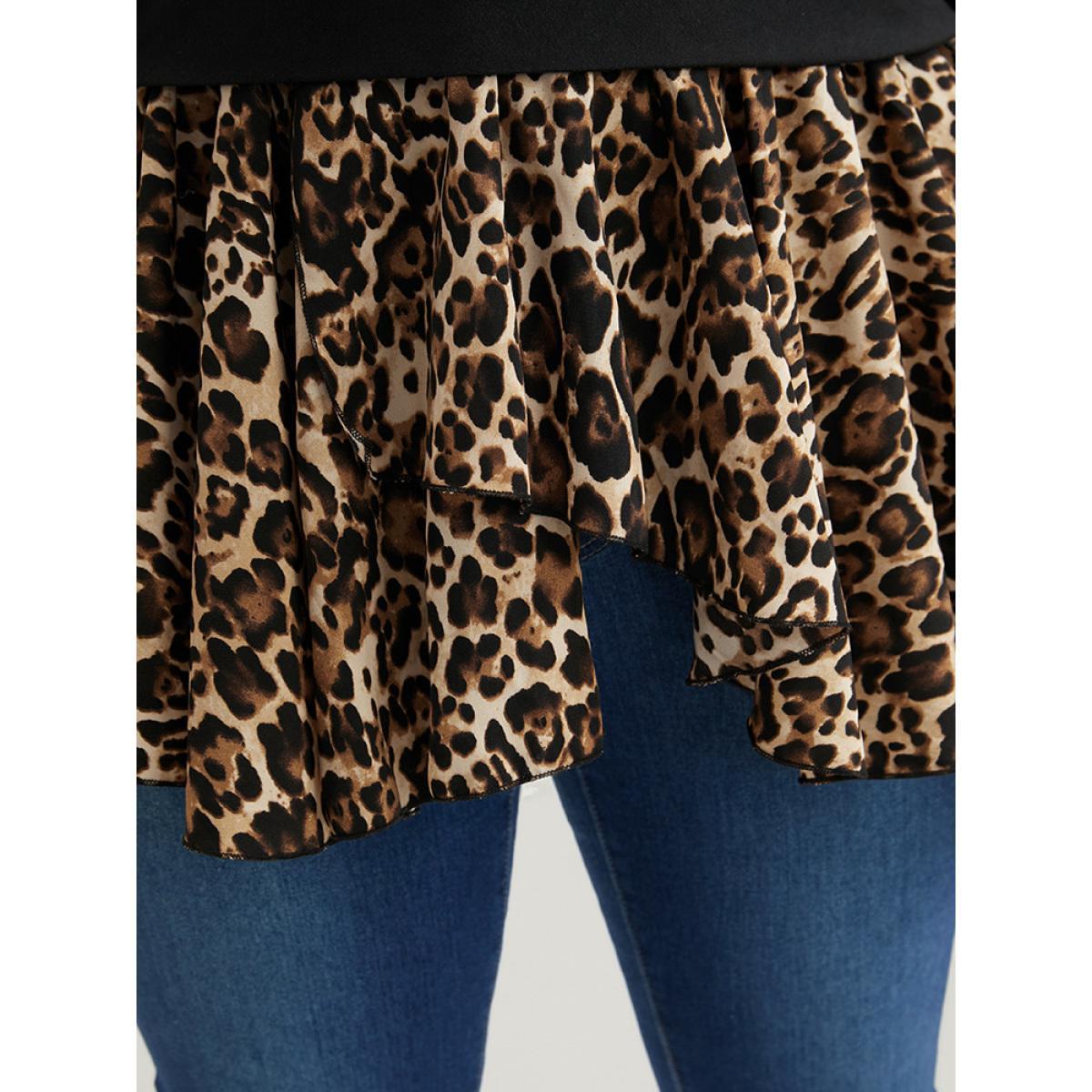 Plus Size Leopard Patchwork Asymmetrical Hem Sweatshirt Women Black Elegant Contrast Round Neck Dailywear Sweatshirts BloomChic 28/5X Product Image