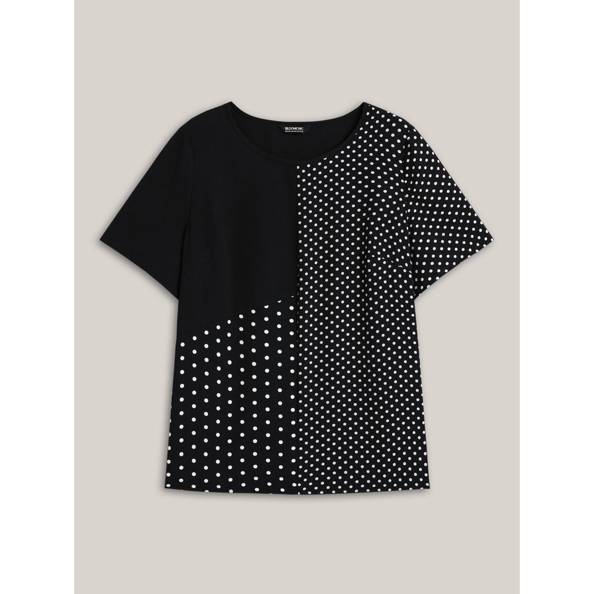 Plus Size Black Polka Dot Panelled A-Line Shirt Women Elegant Short sleeve Round Neck Everyday Blouses BloomChic 26/4X Product Image