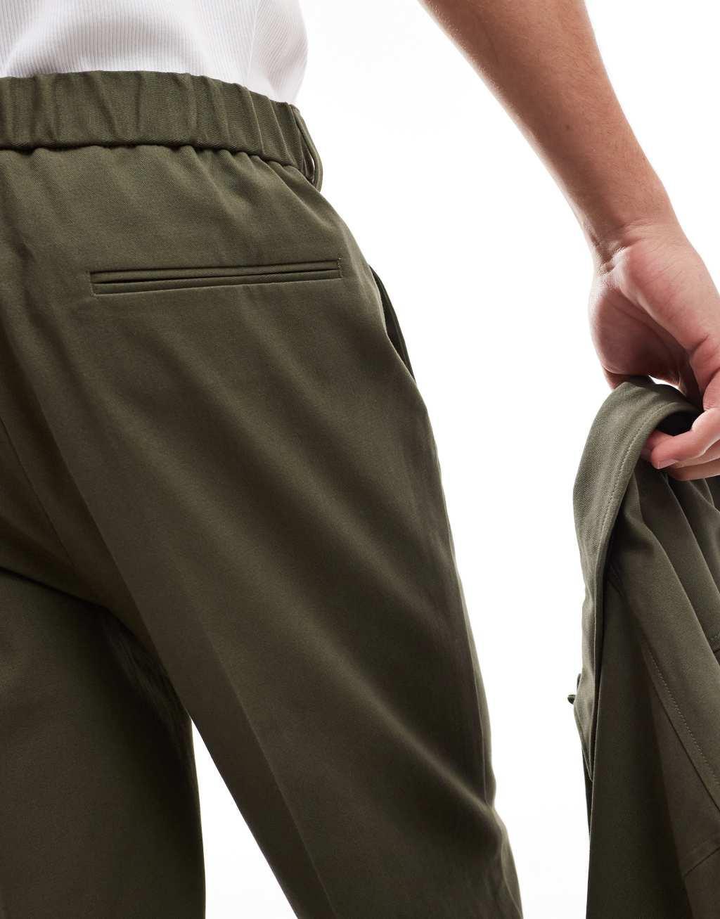 ASOS DESIGN smart straight leg pants in khaki with elastic waist - part of a set Product Image