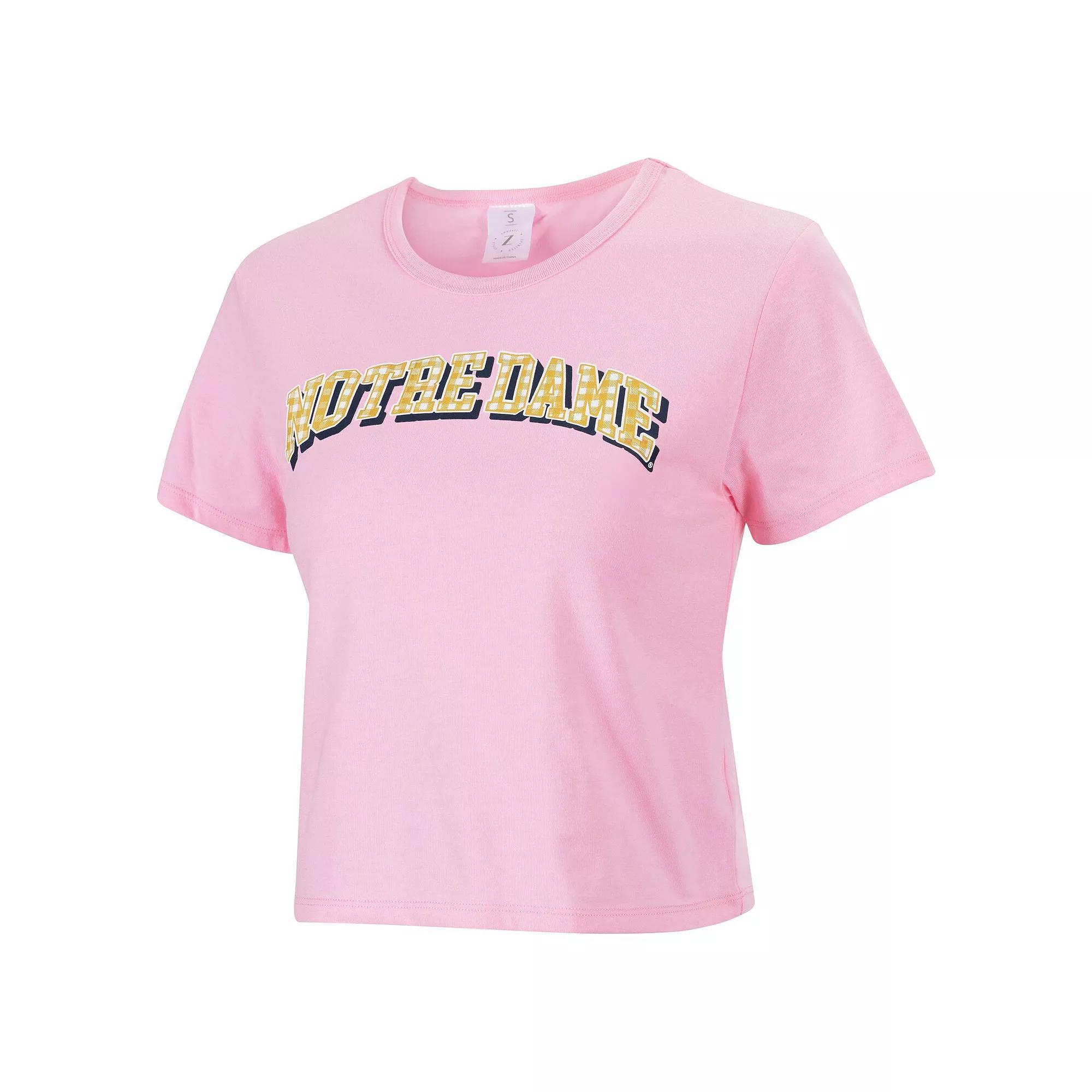 Women's ZooZatz Pink Notre Dame Fighting Irish Gingham Logo Cropped T-Shirt, Size: Medium Product Image