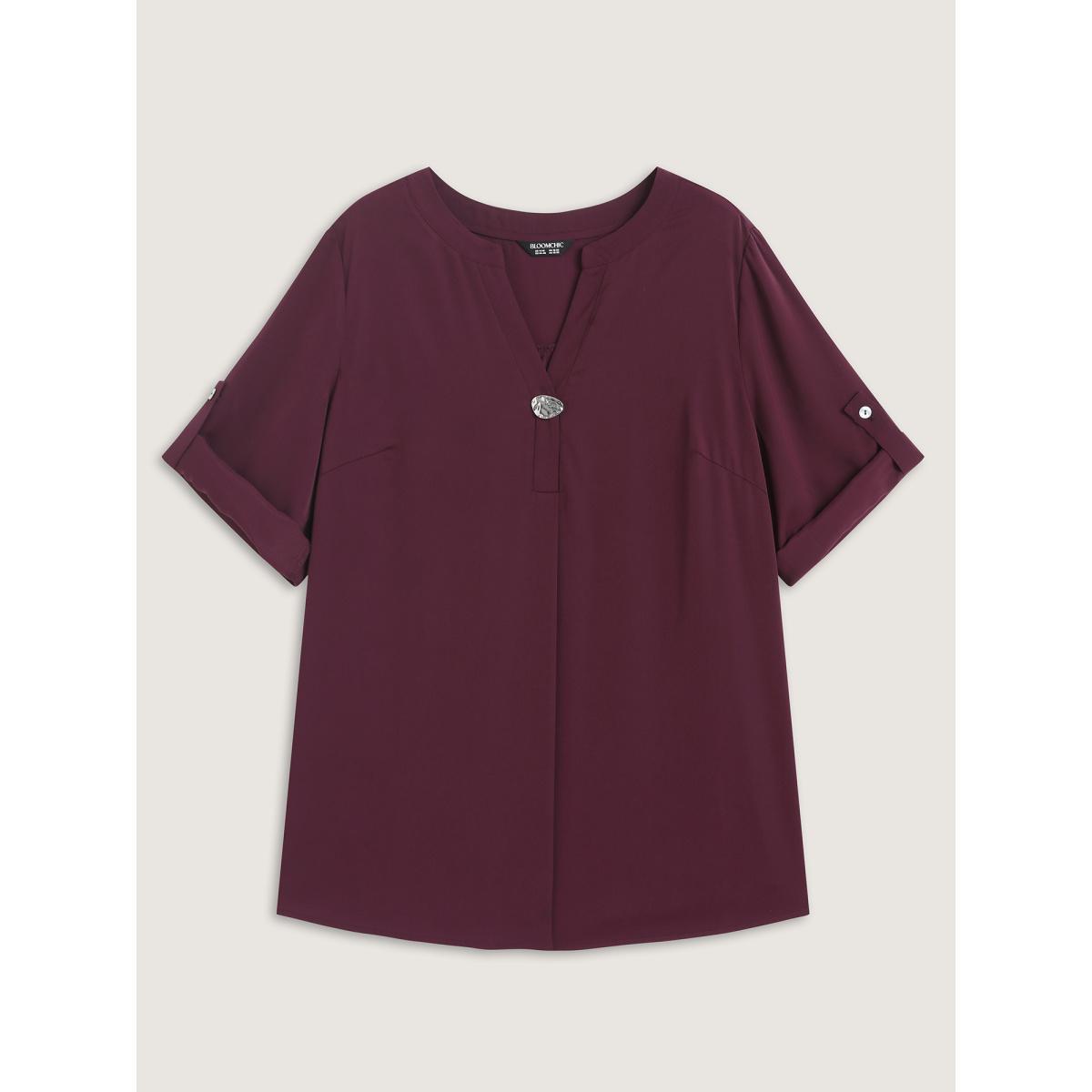 Plus Size Plum Metal Buckle Neckline Solid Blouse Women Elbow-length sleeve Flat collar with V-notch Work Blouses BloomChic 18-20/2X Product Image
