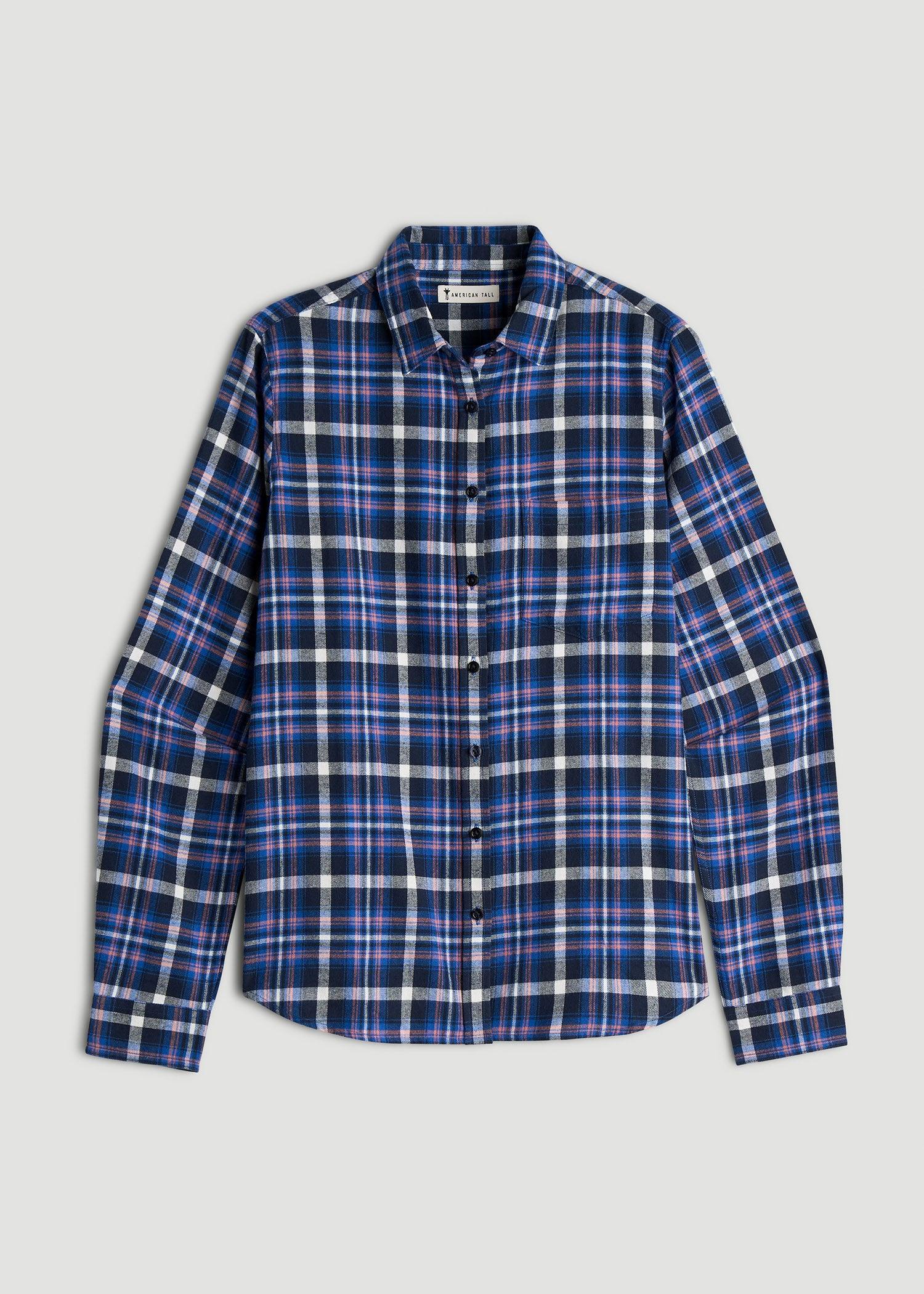 Flannel Button-Up Shirt for Tall Women in Cobalt, Navy, and Peach Plaid Product Image