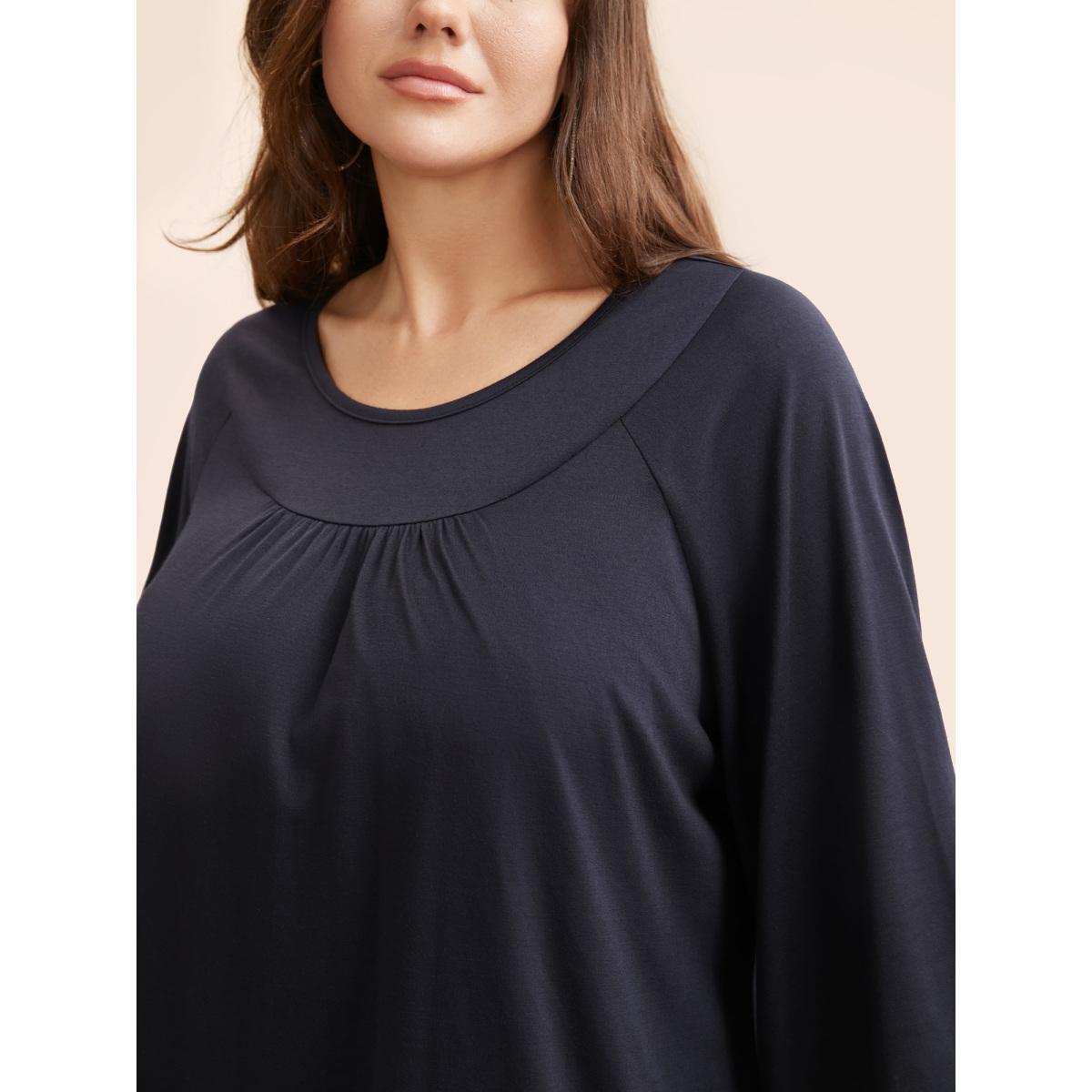 Plus Size Round Neck Lace Trim Raglan Sleeve T-shirt Indigo Women Casual Gathered Round Neck Everyday T-shirts BloomChic 22-24/3X Product Image