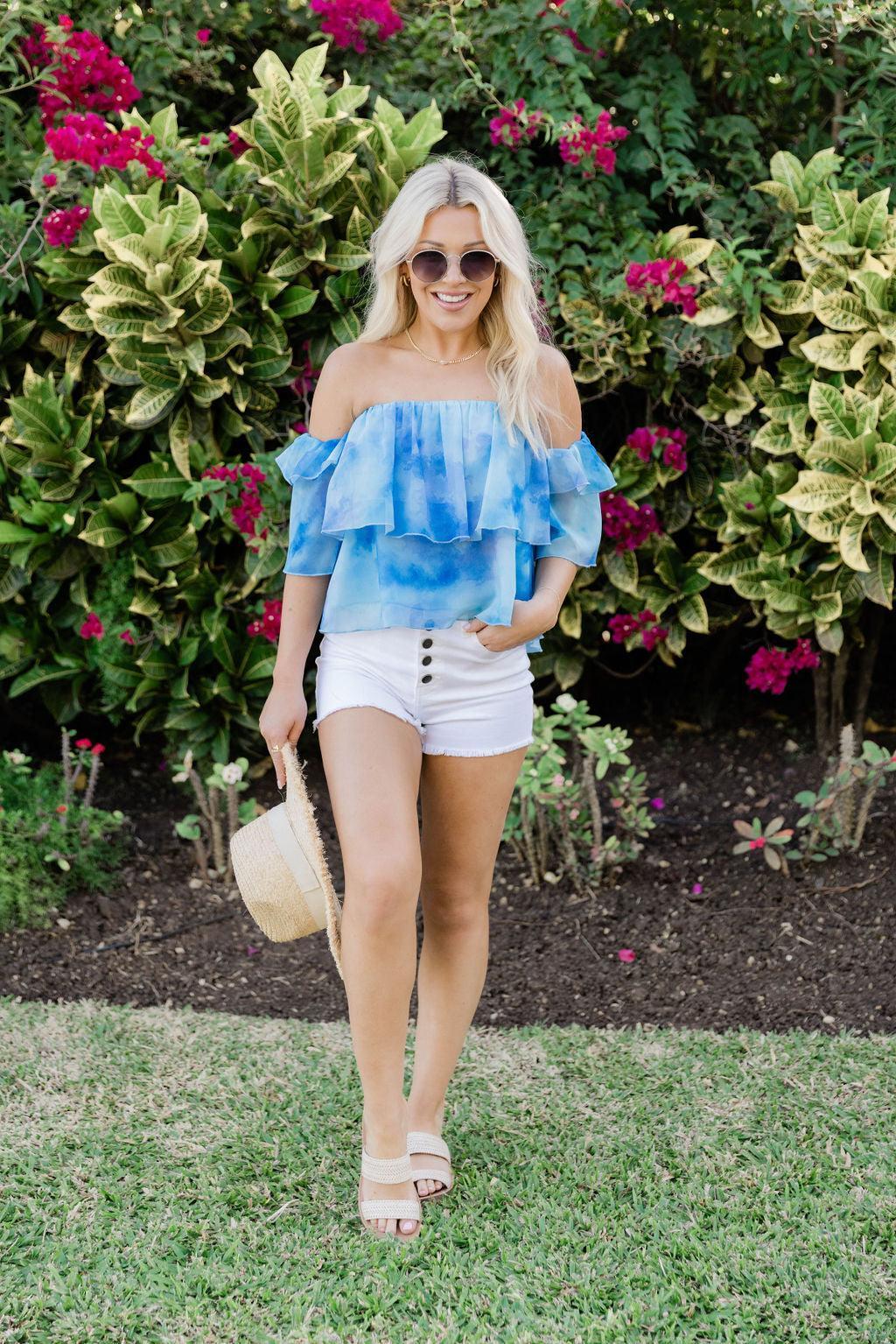 Holding Onto Happiness Blue Watercolor Off The Shoulder Printed Blouse FINAL SALE Product Image