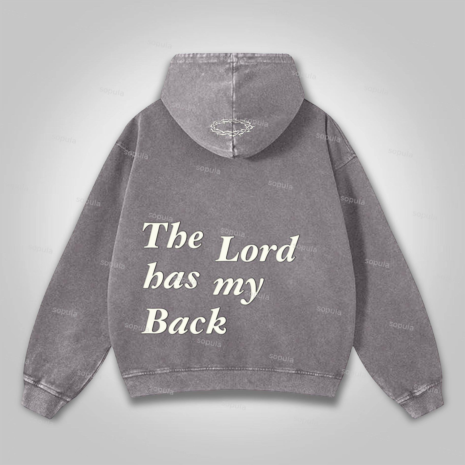 Sopula The Lord Has My Back Slogan Graphic Washed Distressed Pocket Hoodie Product Image