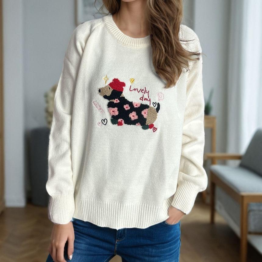 Round Neck Dog Embroidered Sweater Product Image