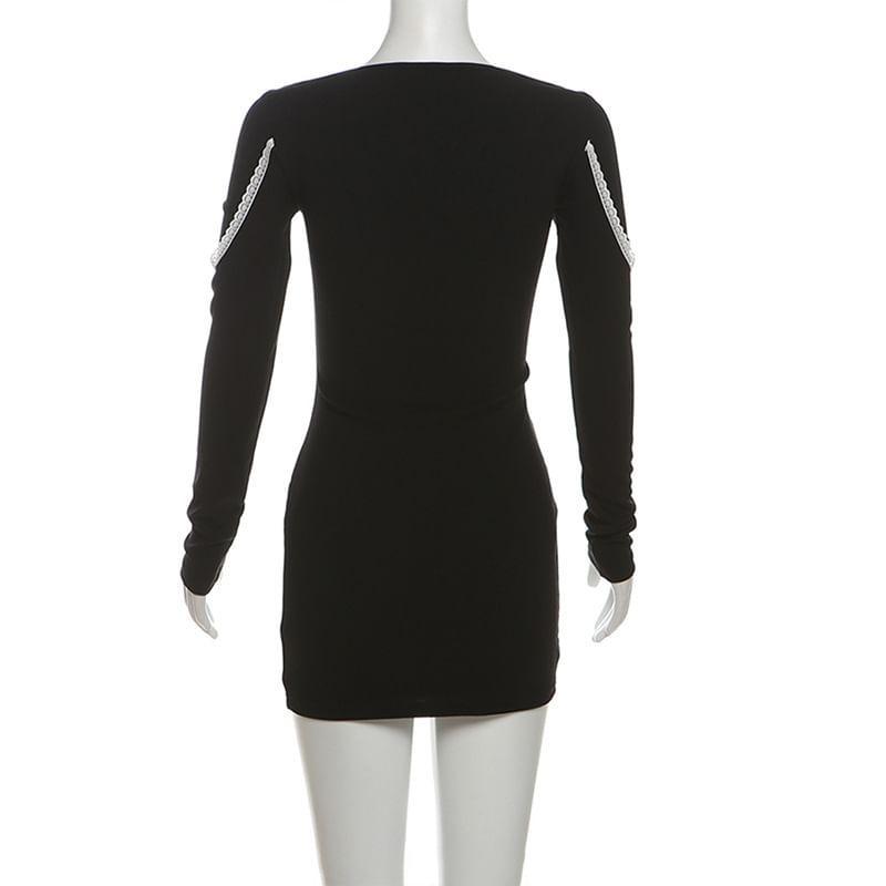 Long-Sleeve Square Neck Ribbon Front Mini Bodycon Dress Product Image