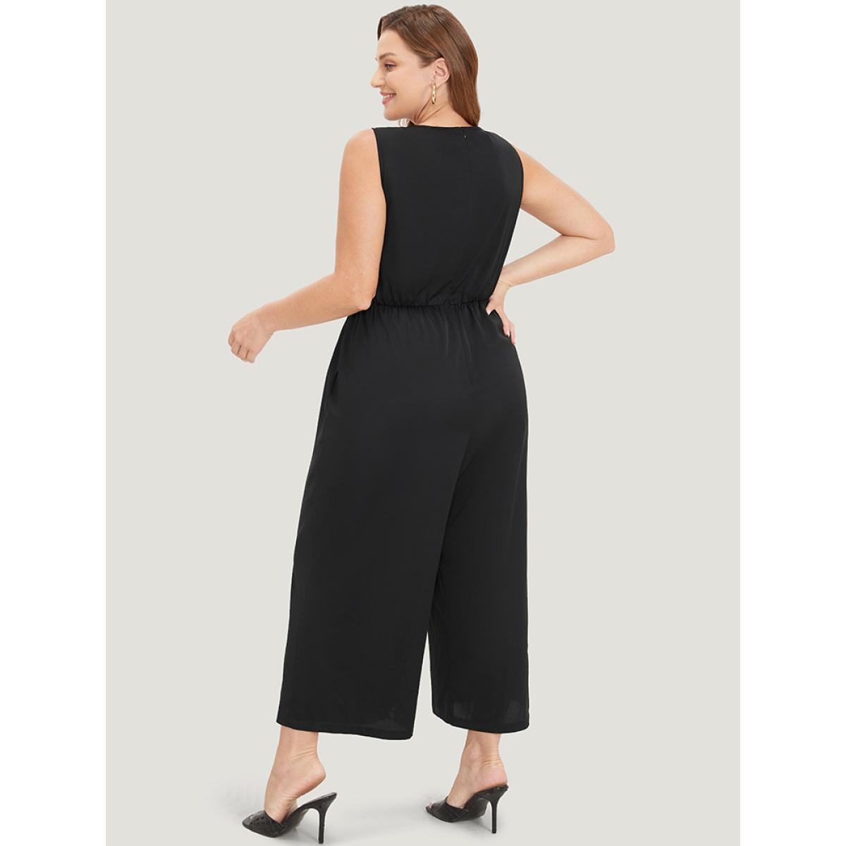 Plus Size Black Solid Lace Mesh Pocket Sleeveless Jumpsuit Women Elegant Sleeveless Round Neck Dailywear Loose Jumpsuits BloomChic 22-24/3X Product Image