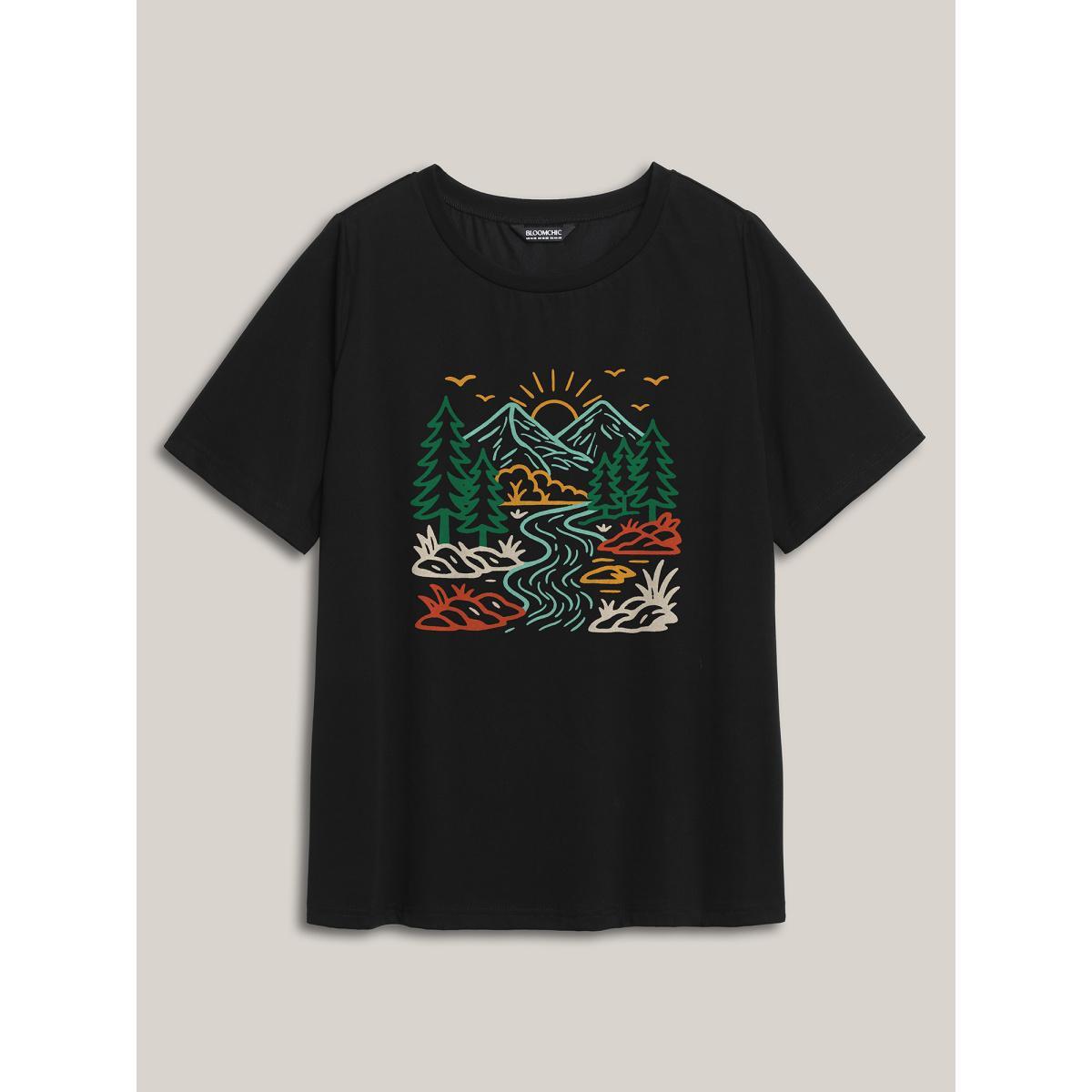 Plus Size Mountain View Print Round Neck T-Shirt Black Women Non Art&design Round Neck Everyday-Casual T-shirts BloomChic 18-20/2X Product Image
