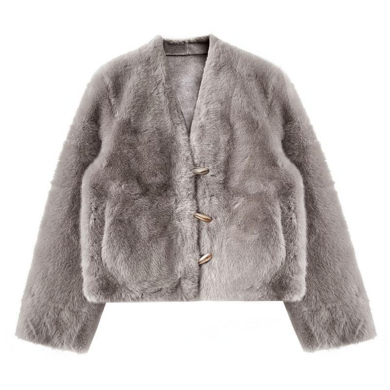 V-Neck Plain Faux Fur Toggle Jacket Product Image