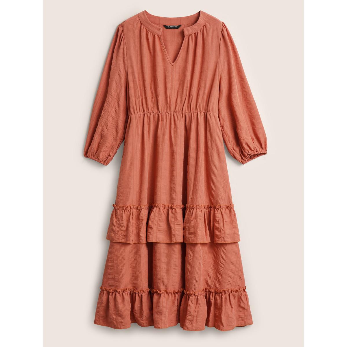 Plus Size Plisse Notched Ruffle Trim Layered Hem Dress Chocolate Women Elegant Non Notched collar Long Sleeve Curvy Midi Dress BloomChic 18-20/2X Product Image