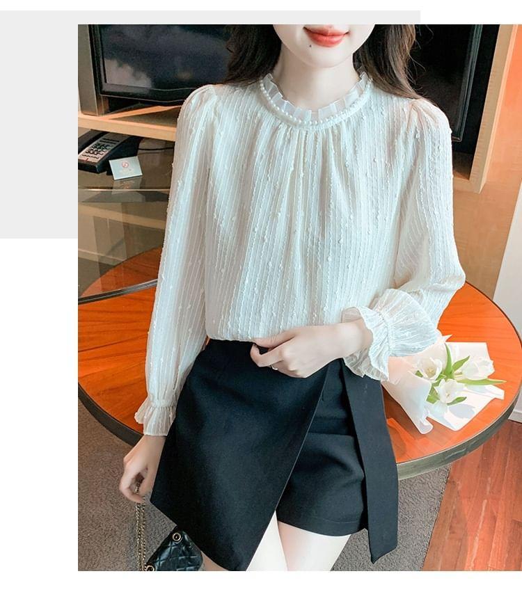 Long-Sleeve Stand Collar Jacquard Faux Pearl Accent Frill Trim Blouse Product Image