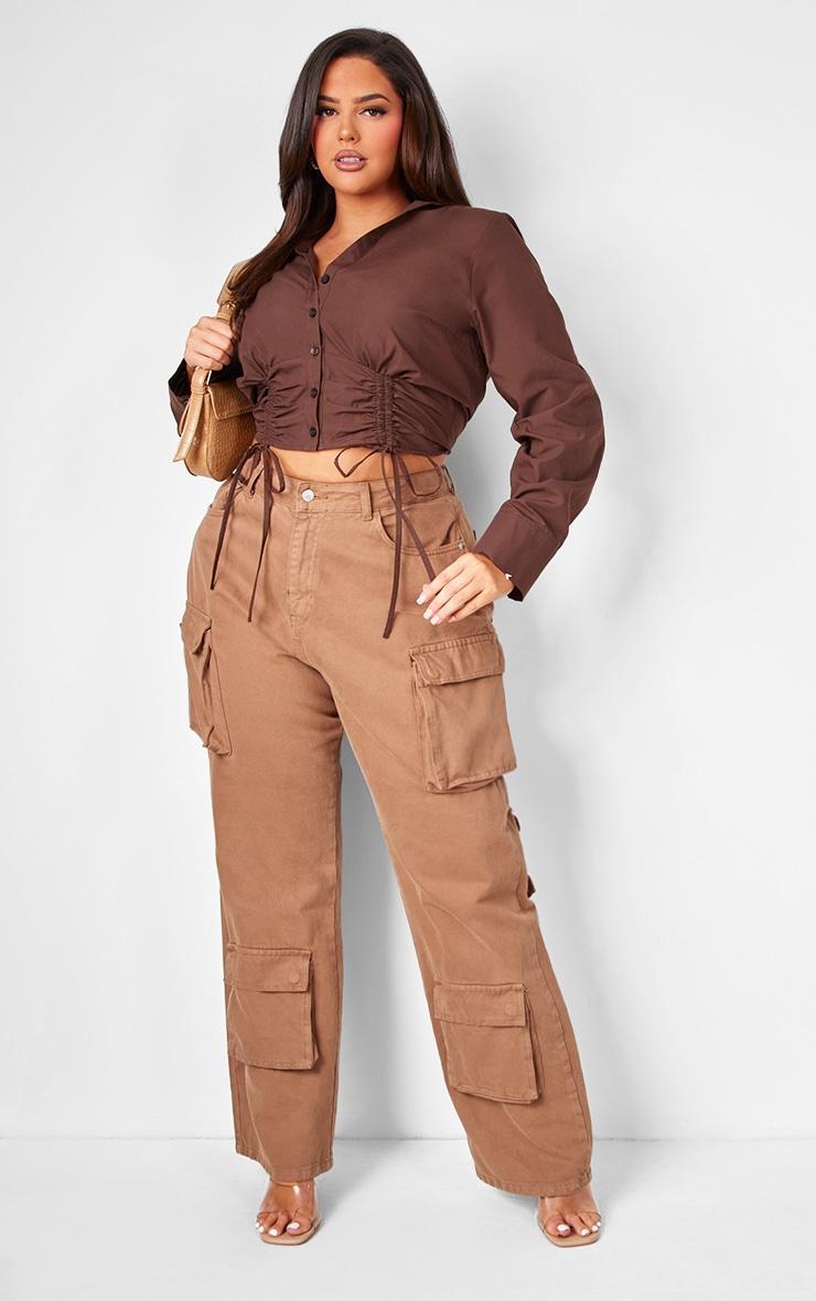 Plus Chocolate Gathered Tie Detail Long Sleeve Cropped Shirt Product Image