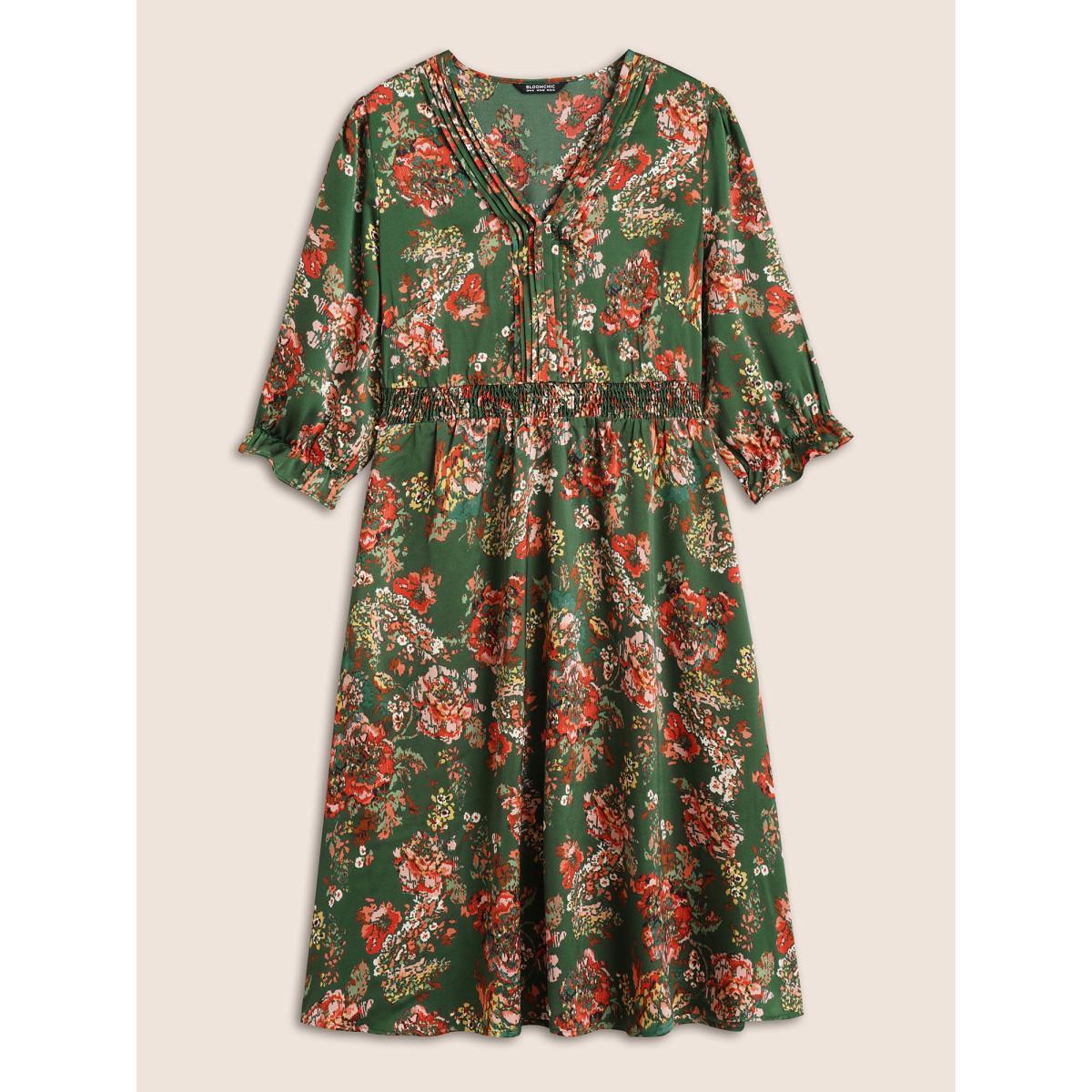 Plus Size Floral Print Flutter Sleeve Shirred Pleated Dress DarkGreen Women Elegant Non V-neck Elbow-length sleeve Curvy Midi Dress BloomChic 12/L Product Image