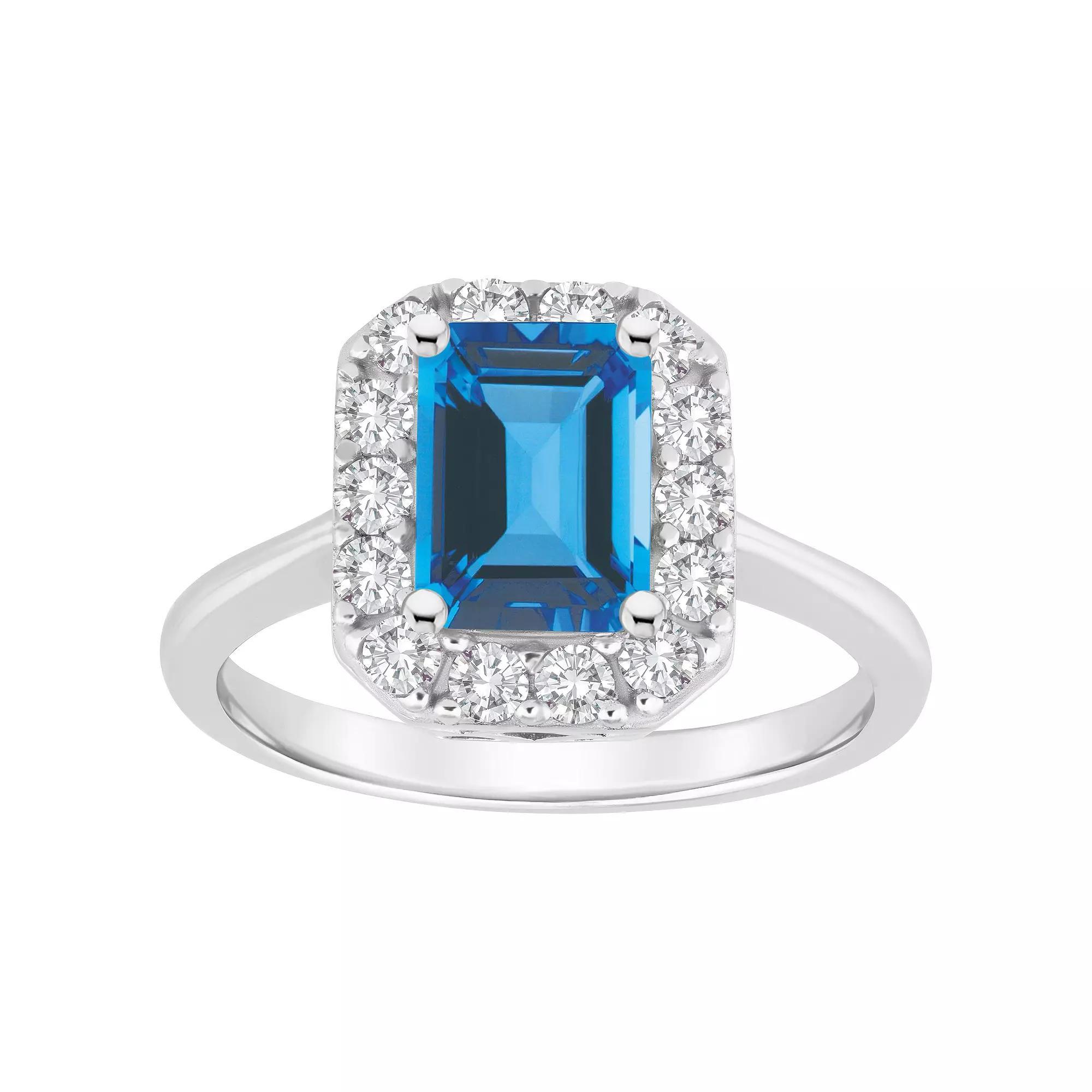 Celebration Gems Sterling Silver Emerald Cut Gemstone Halo Ring, Women's, Size: 9, Blue Topaz Product Image