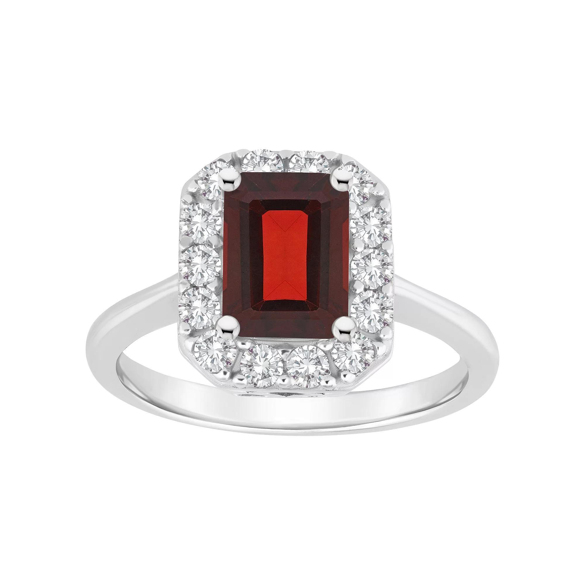 Celebration Gems Sterling Silver Emerald Cut Gemstone Halo Ring, Women's, Size: 8, Red Product Image