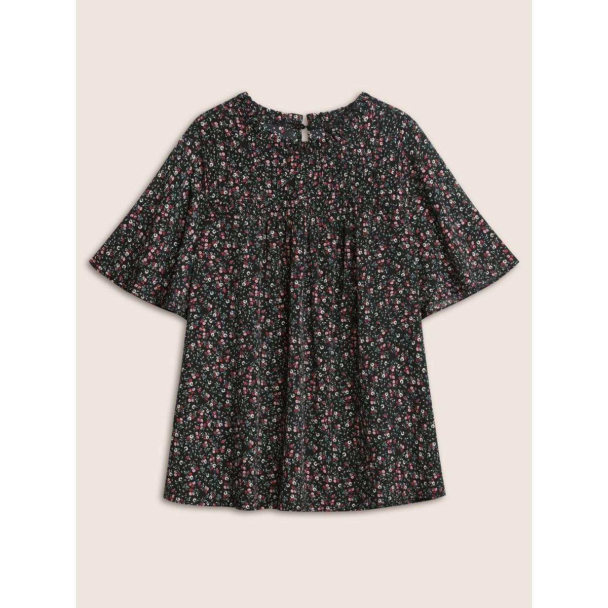 Plus Size Black Ditsy Floral Plicated Detail Frill Trim Blouse Women Elegant Short sleeve Round Neck Everyday Blouses BloomChic 30/6X Product Image