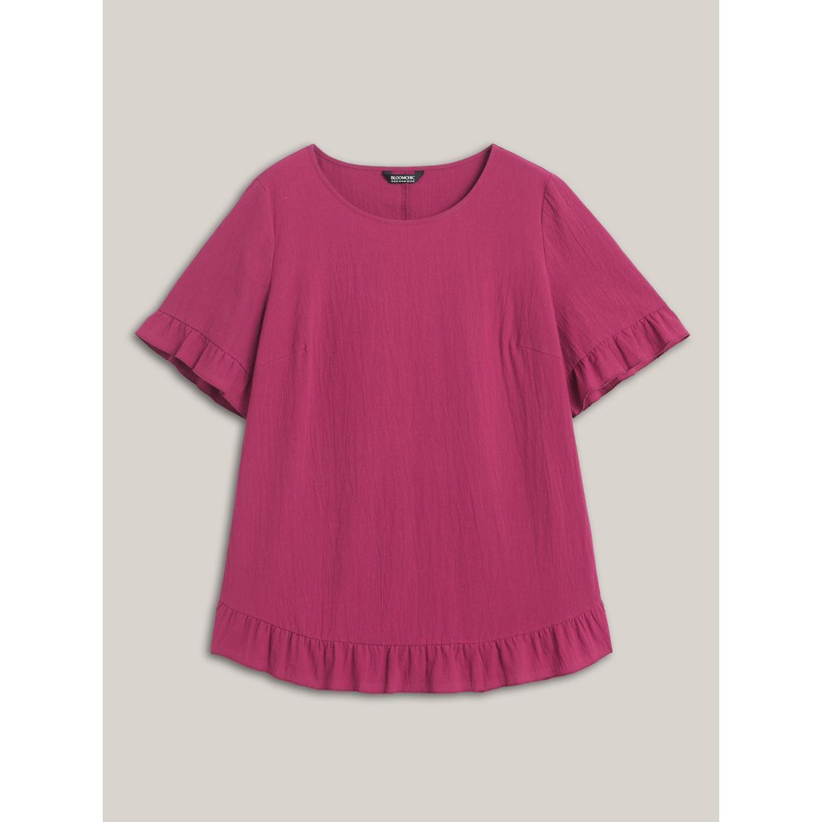 Plus Size RedViolet Pure Cotton Ruffled Curved Hem Blouse Women Casual Short sleeve Round Neck Everyday-Casual Blouses BloomChic 22-24/3X Product Image
