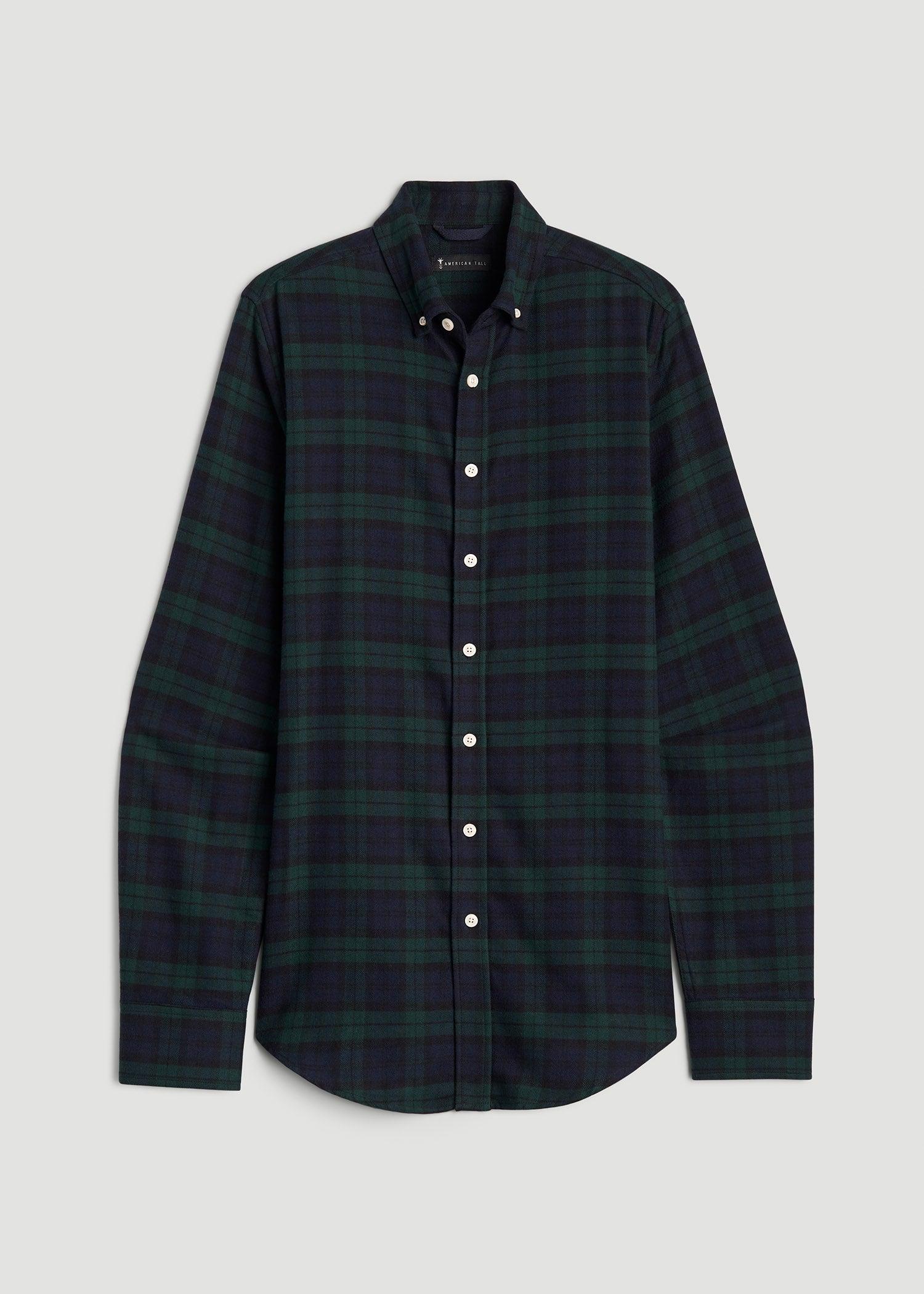Midweight Brushed Flannel Button Shirt for Tall Men in Blue Herringbone Tartan Product Image