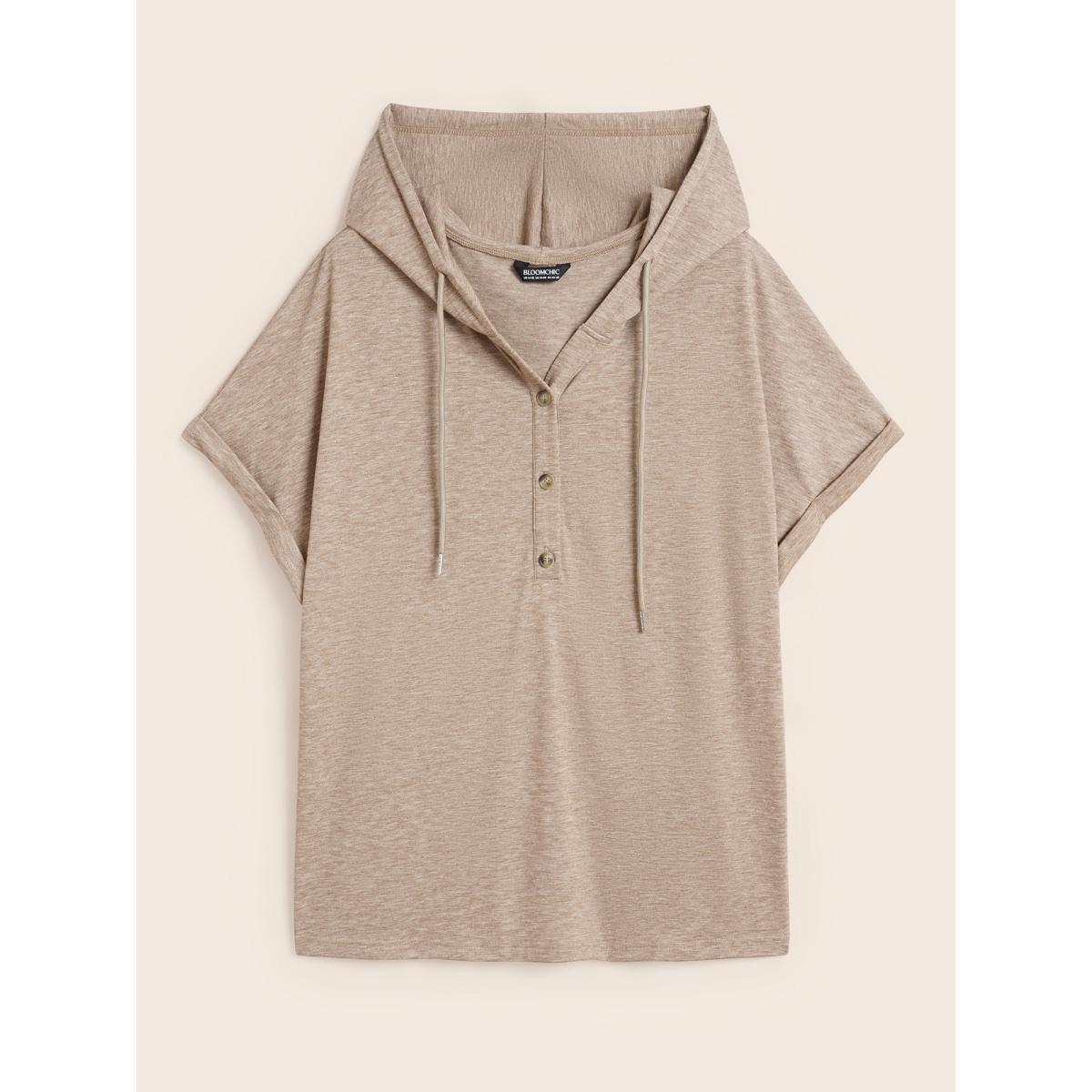 Plus Size Plain Drawstring Roll Sleeve Button Up Hooded T-shirt DarkBrown Women Casual Drawstring Plain Hooded Everyday T-shirts BloomChic 28/5X Product Image