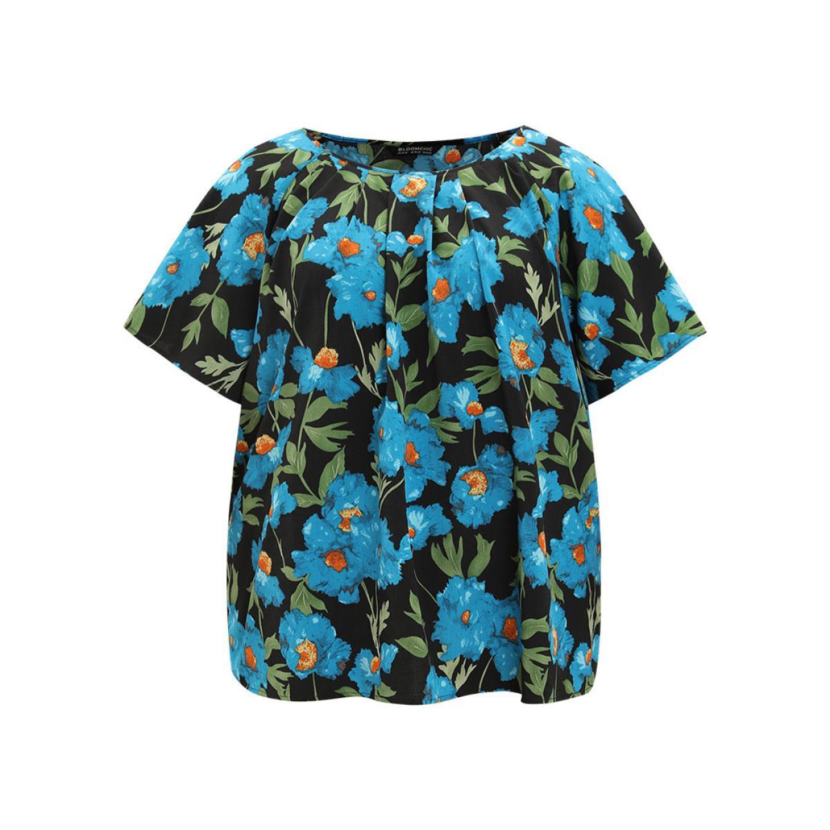 Plus Size Black Floral Print Raglan Sleeve Pleated Flutter Blouse Women Glamour Short sleeve Round Neck Going out Blouses BloomChic 14-16/1X Product Image
