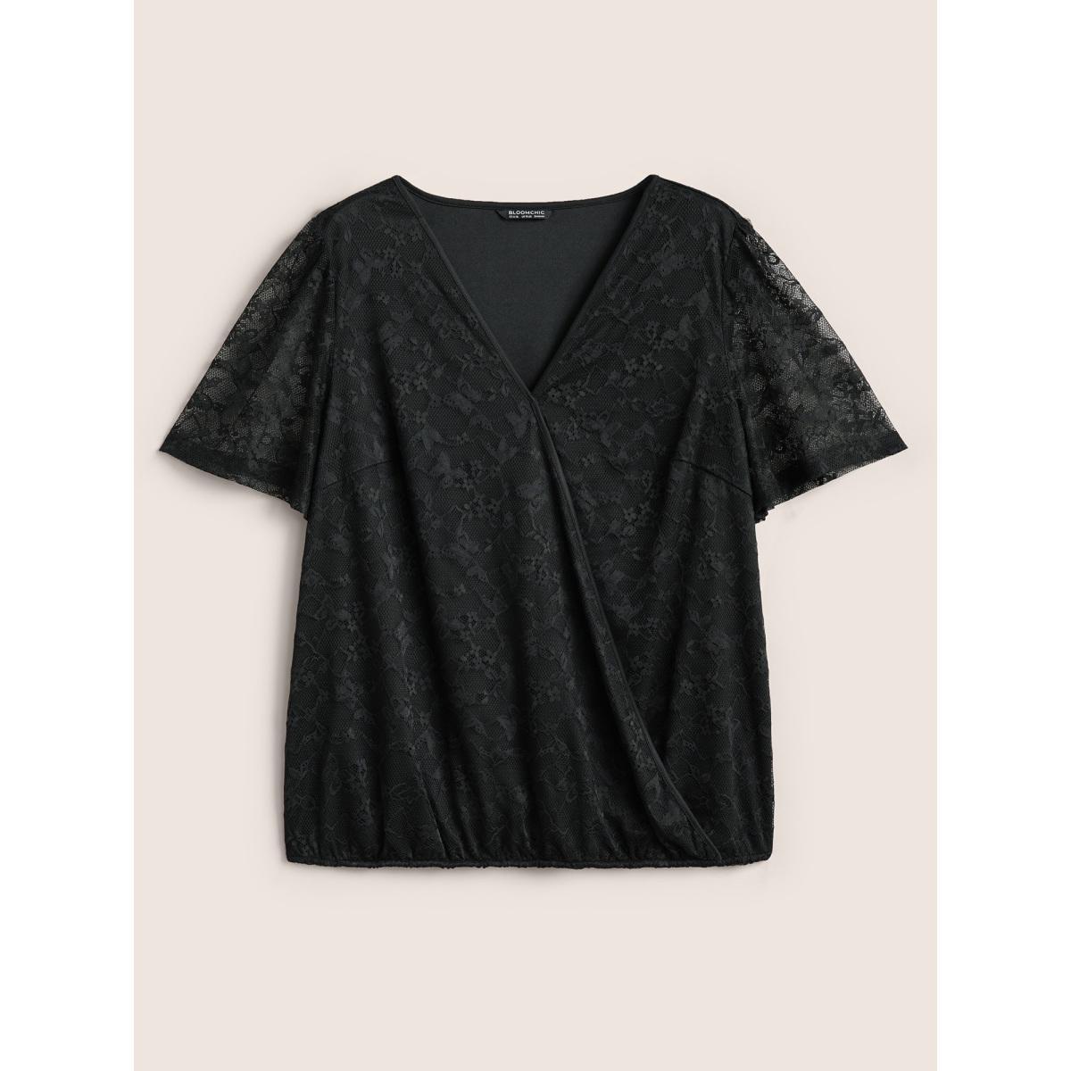 Plus Size Black Overlap Collar Mesh Patchwork Lace Insert Blouse Women Cocktail Short sleeve Overlap Collar Party Blouses BloomChic 14-16/1X Product Image