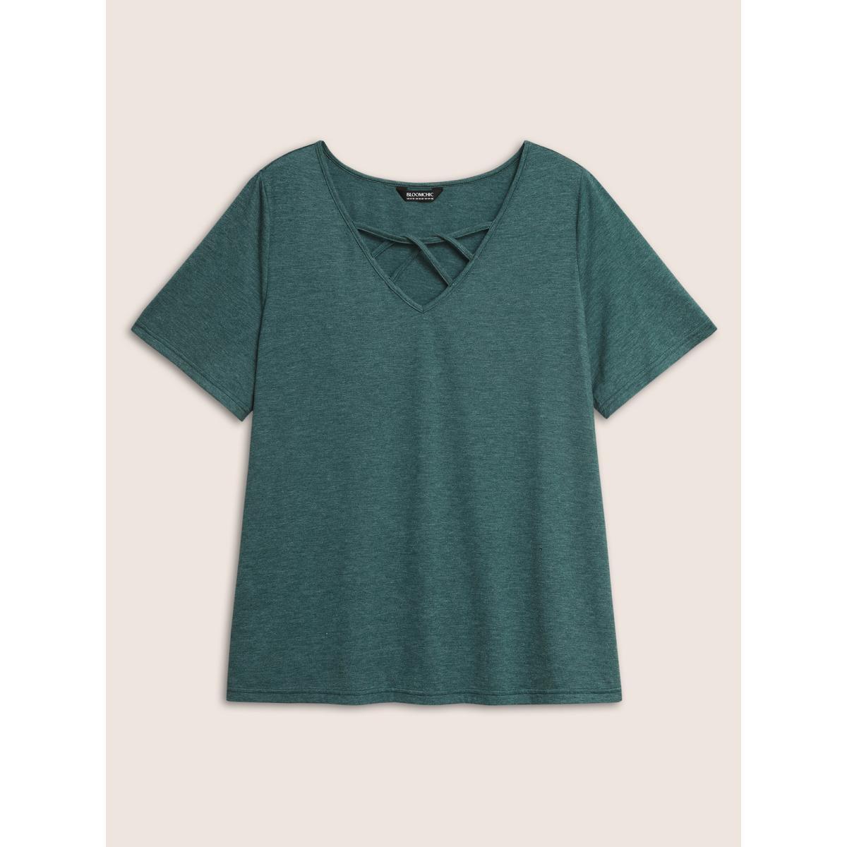 Plus Size Solid Heather Crisscross Medium Stretch T-shirt DarkGreen Women Casual Cut-Out V-neck Everyday T-shirts BloomChic 12/L Product Image
