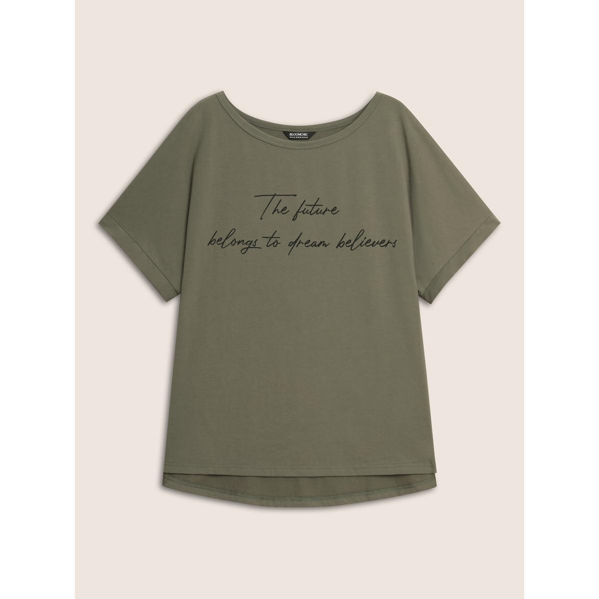 Plus Size Letter Print Dolman Sleeve Curved Hem T-shirt ArmyGreen Women Casual Contrast Round Neck Everyday T-shirts BloomChic 14-16/1X Product Image