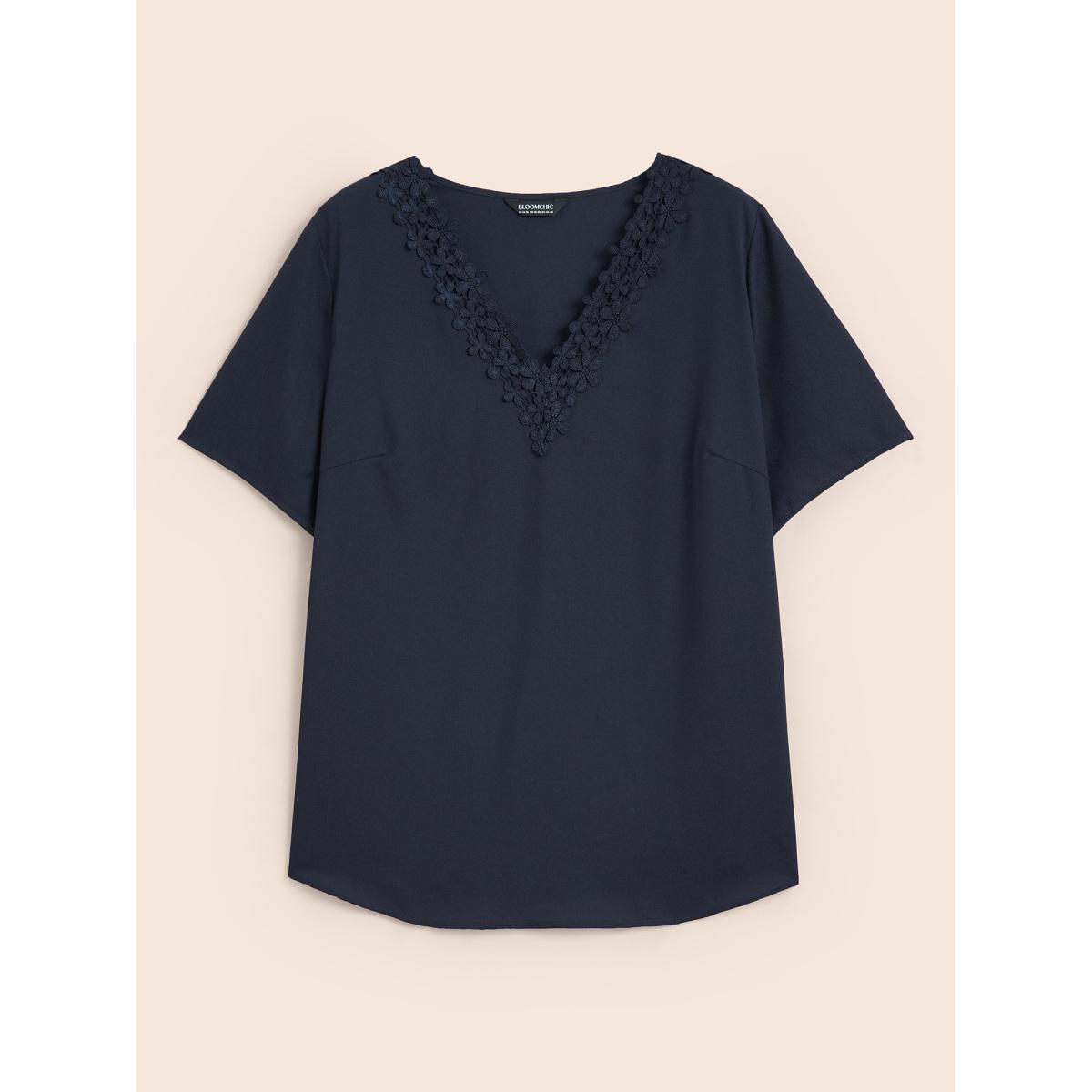 Plus Size Indigo Solid V Neck Woven Ribbon Blouse Women Elegant Half Sleeve V-neck Everyday Blouses BloomChic 28/5X Product Image