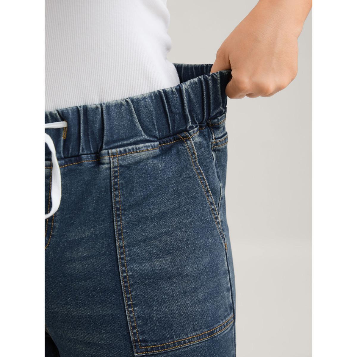 Plus Size Drawstring Elastic Waist Roll Hem Jeans Women DarkBlue Casual Plain Drawstring High stretch Slanted pocket Jeans BloomChic 26/4X Product Image