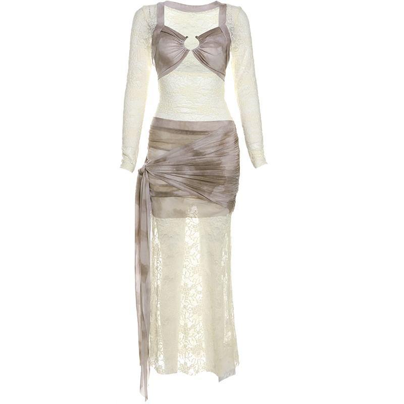 Long-Sleeve Tie Dye Lace Panel Maxi Sheath Dress Product Image
