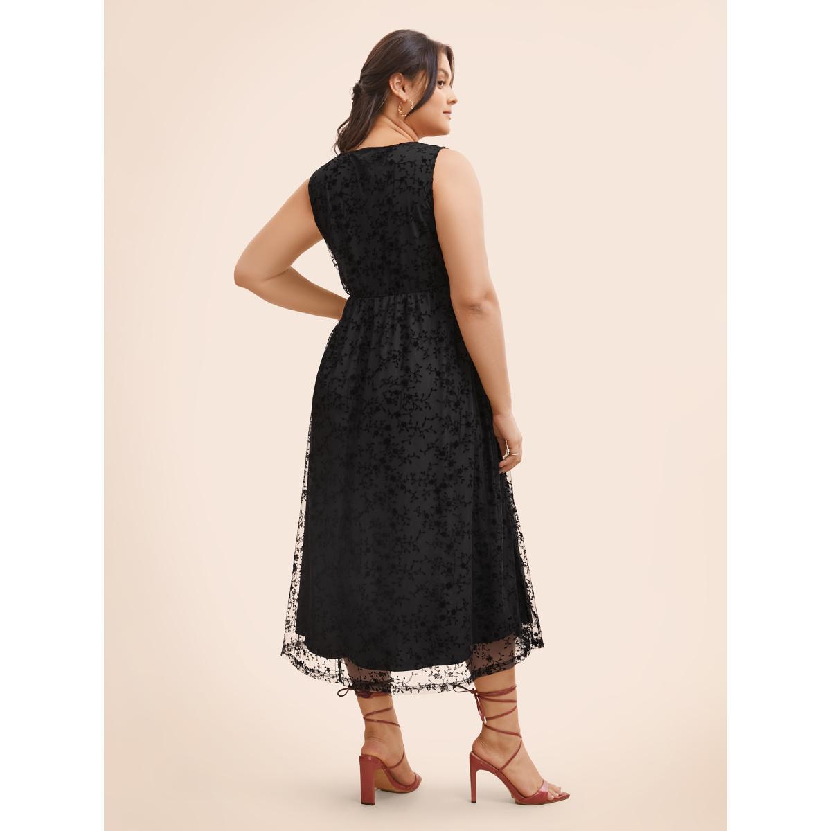 Plus Size Floral Flocking Mesh Sleeveless Dress Black Women Elegant Texture V-neck Sleeveless Curvy BloomChic 18-20/2X Product Image