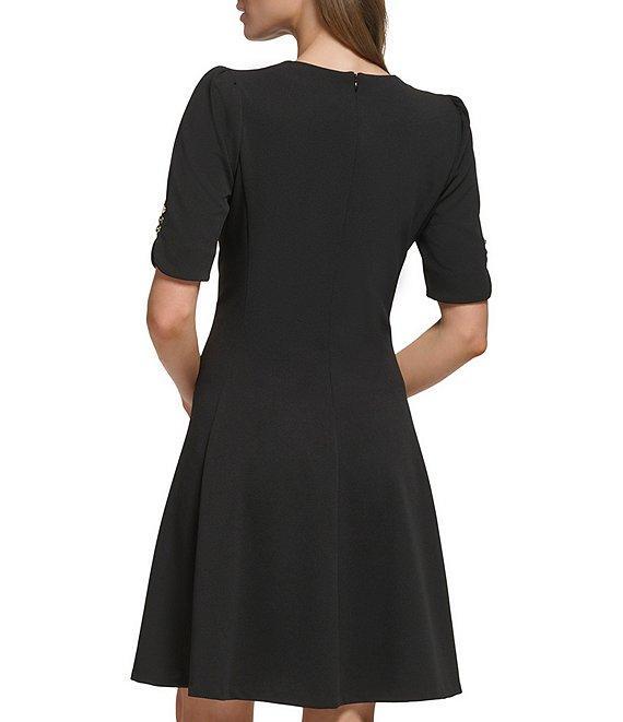 DKNY by Donna Karan Solid Scuba Crepe Crew neck Button Detail Fit & Flare Dress Product Image