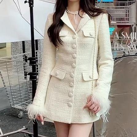 Long-Sleeve Button-Up Plain Mini Blazer Dress Product Image