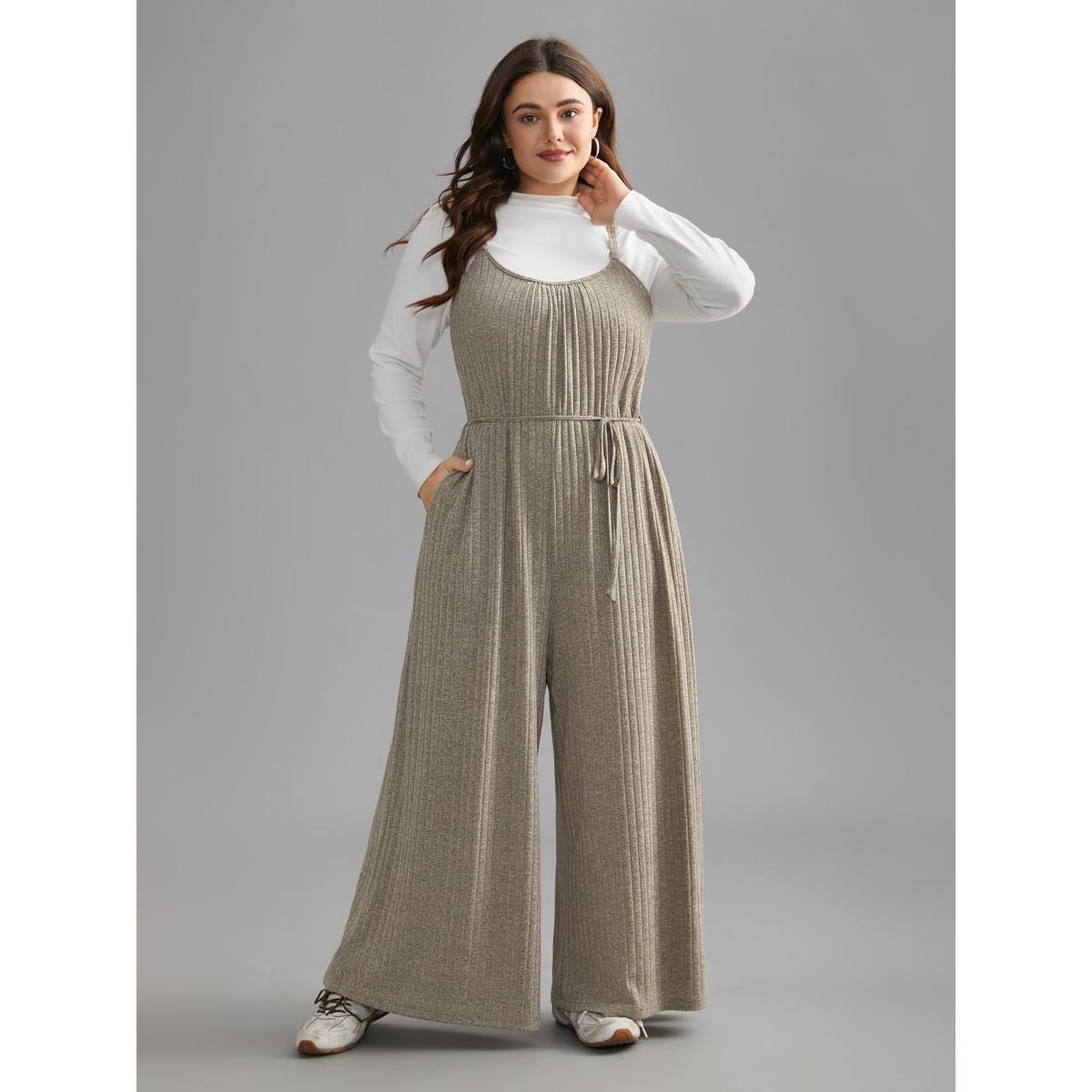 Plus Size Champagne Textured Waist-Tie Pockets Jumpsuit Women Lounge Sleeveless U-neck Everyday Loose Jumpsuits BloomChic 14-16/1X Product Image