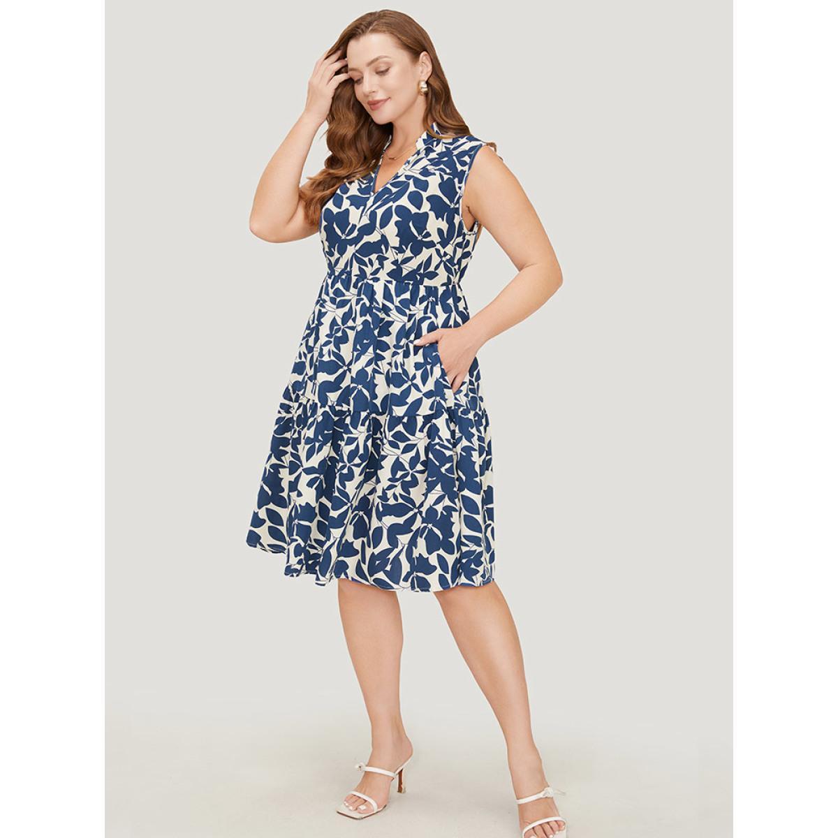 Plus Size Floral Ptrint Pocket Ruffle Tiered Stand Collar Tank Dress DarkBlue Women Elegant Tiered Stand-up collar Sleeveless Curvy Knee Dress BloomChic 12/L Product Image