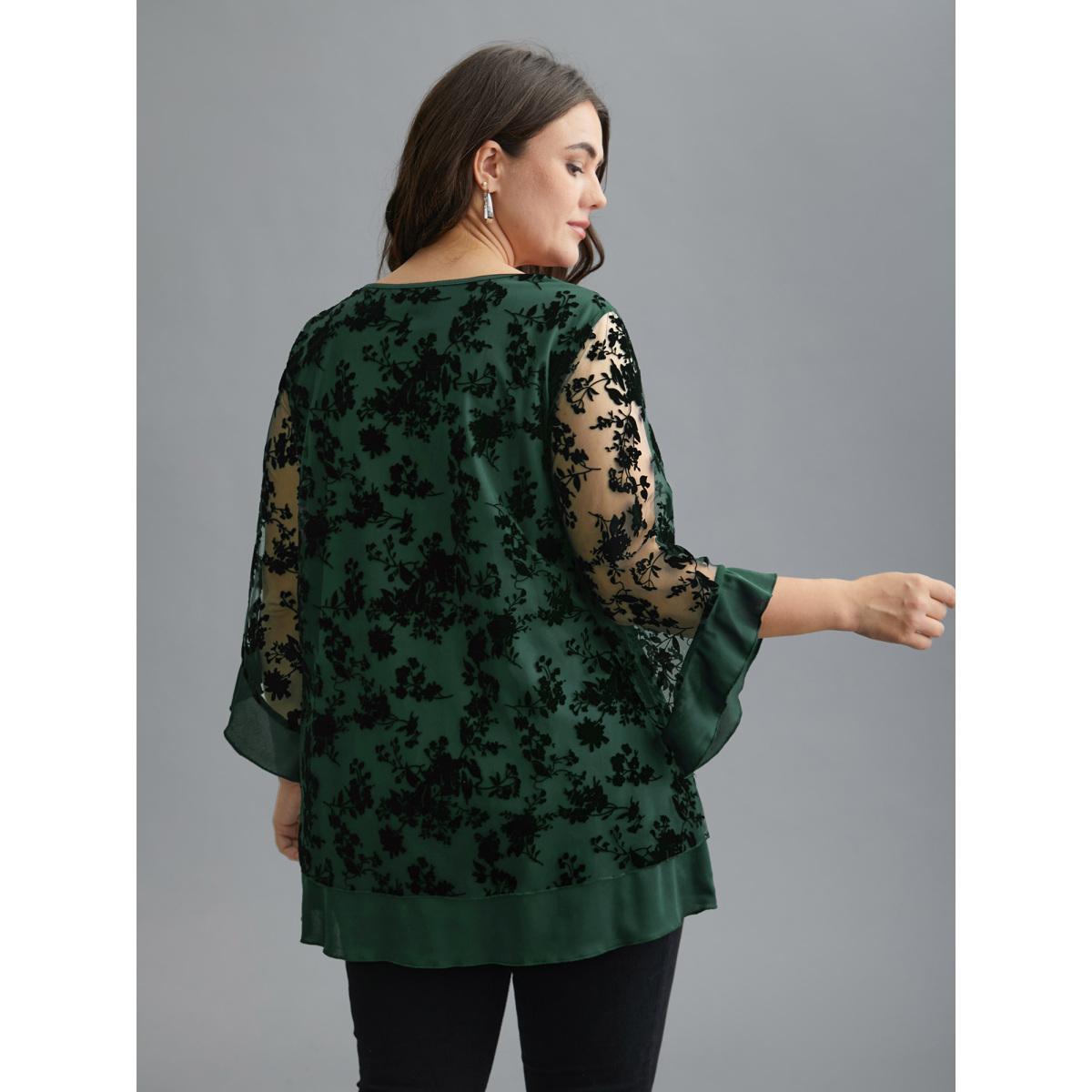 Plus Size DarkGreen Floral Flocking Mesh Asymmetrical Hem Blouse Women Elegant Three Quater Length Sleeve V-neck Everyday Blouses BloomChic 22-24/3X Product Image