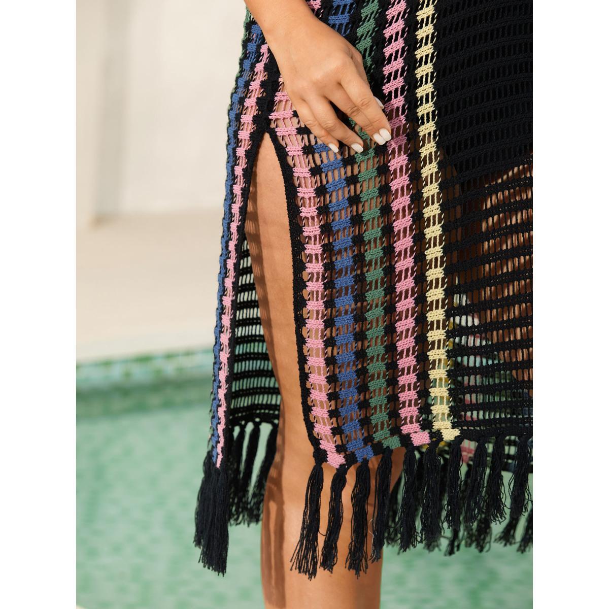 Plus Size Colorful Stripes Cut-Out Tassel Swim Cover-Up Women's Swimwear Black Beach Loose Texture Curve Swim Cover Ups BloomChic 26/4X Product Image