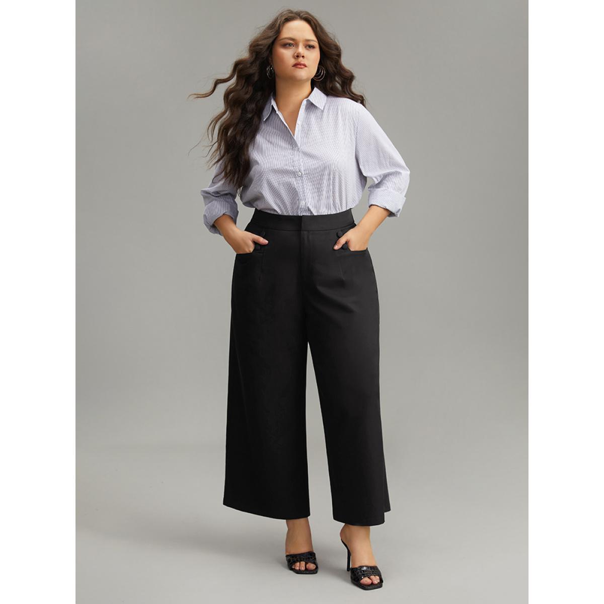 Plus Size Solid Button Detail Wide Leg Pants Women Black Workwear Essentials Wide Leg High Rise Work Pants BloomChic 10/M Product Image