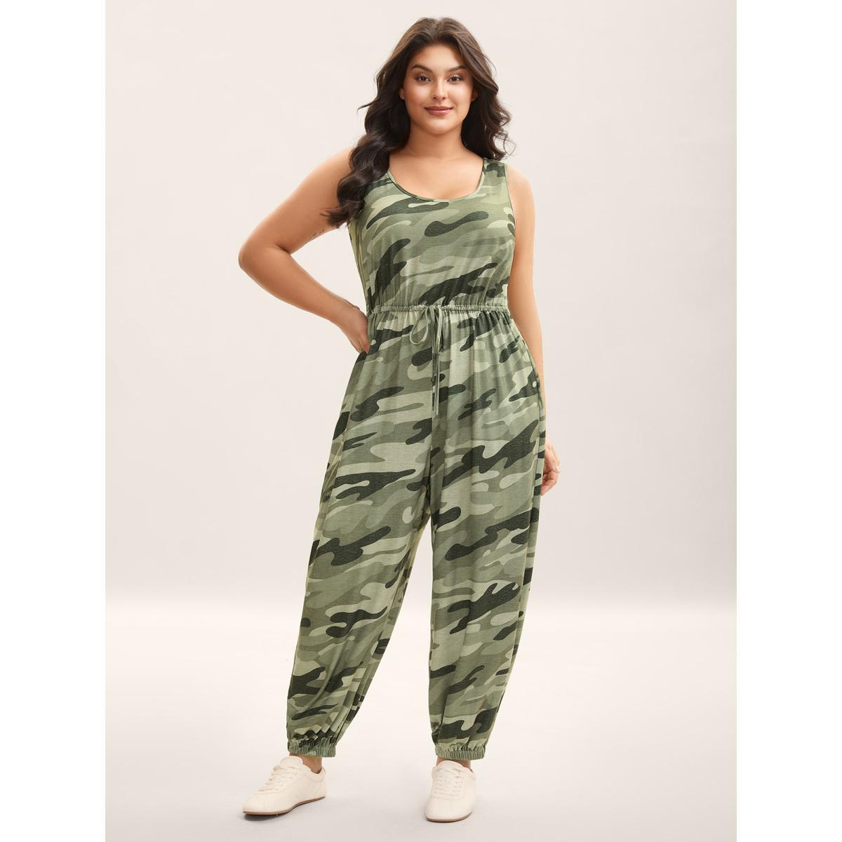 Plus Size Sage Stretchy Waist Camouflage Print Pockets Jumpsuit Women Sleeveless Round Neck Everyday-Casual Loose Jumpsuits BloomChic 18-20/2X Product Image