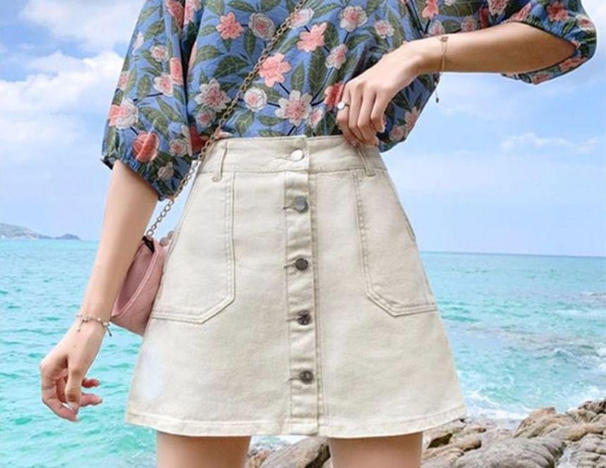 High Waist Denim Button-Up Skort Product Image