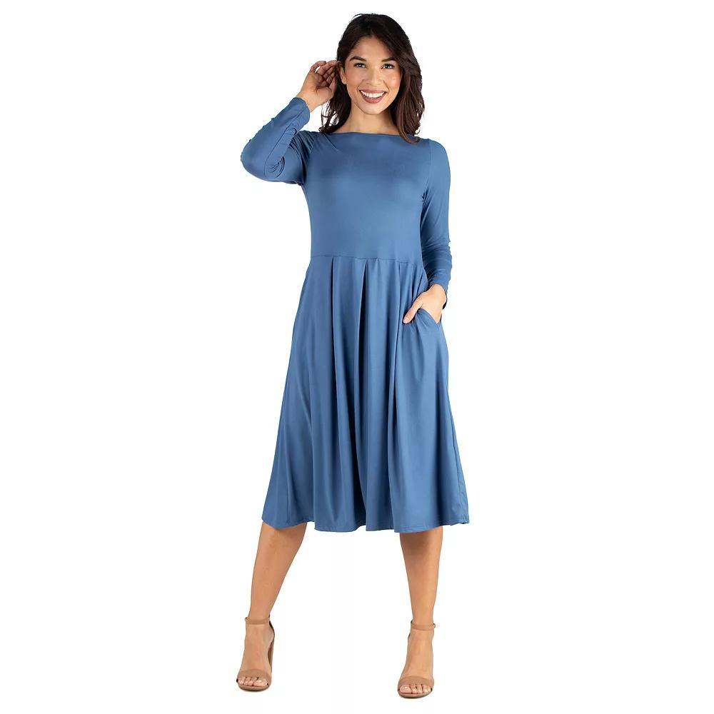 Women's 24Seven Comfort Apparel Long Sleeve Fit & Flare Dress with Pockets, Size: XL, Dark Blue Product Image