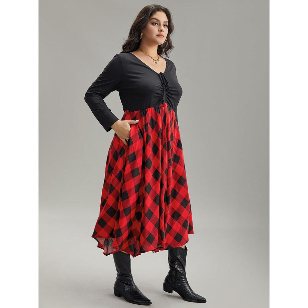 Plus Size Plaid Ruched Drawstring Asymmetrical Hem Dress Black Women Casual Printed Tie Neck Long Sleeve Curvy Midi Dress BloomChic 14-16/1X Product Image