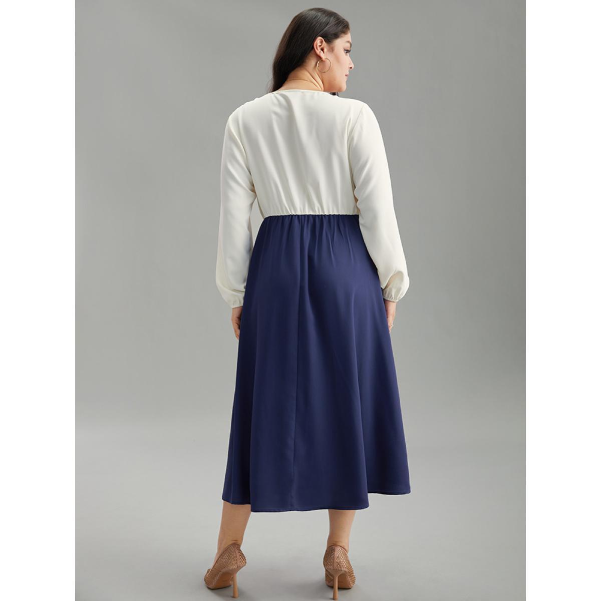 Plus Size Static-Free Contrast Button Detail Pocket Dress DarkBlue Women Elegant Elastic cuffs Round Neck Long Sleeve Curvy Midi Dress BloomChic 28/5X Product Image