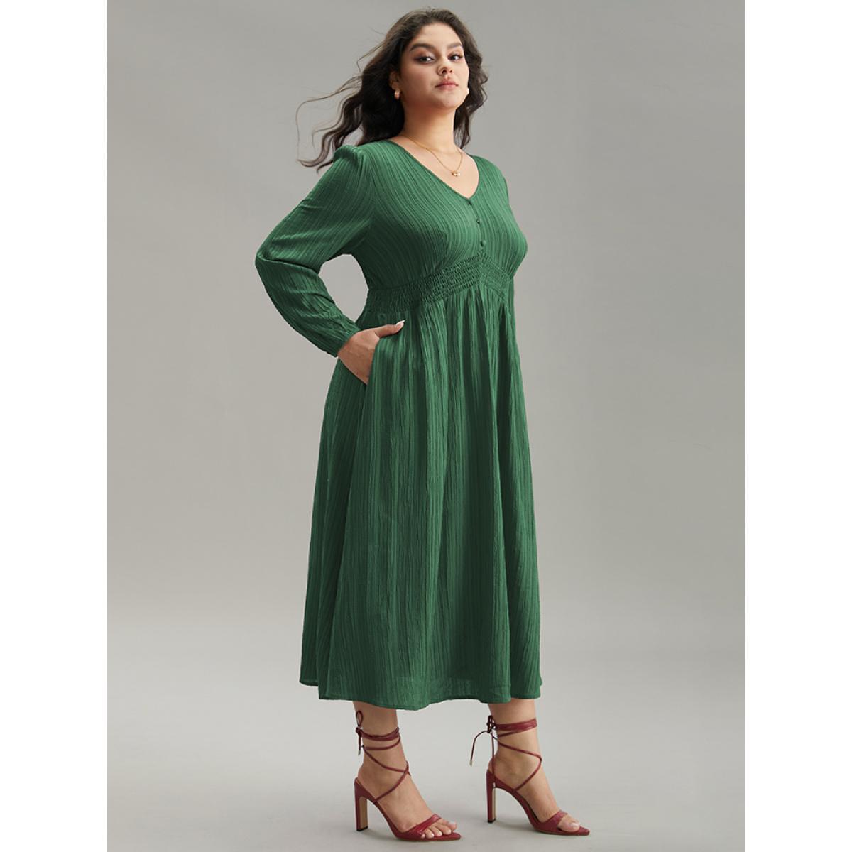 Plus Size Solid Plisse Button Detail Shirred Dress DarkGreen Women Elegant Elastic cuffs V-neck Long Sleeve Curvy Midi Dress BloomChic 28/5X Product Image