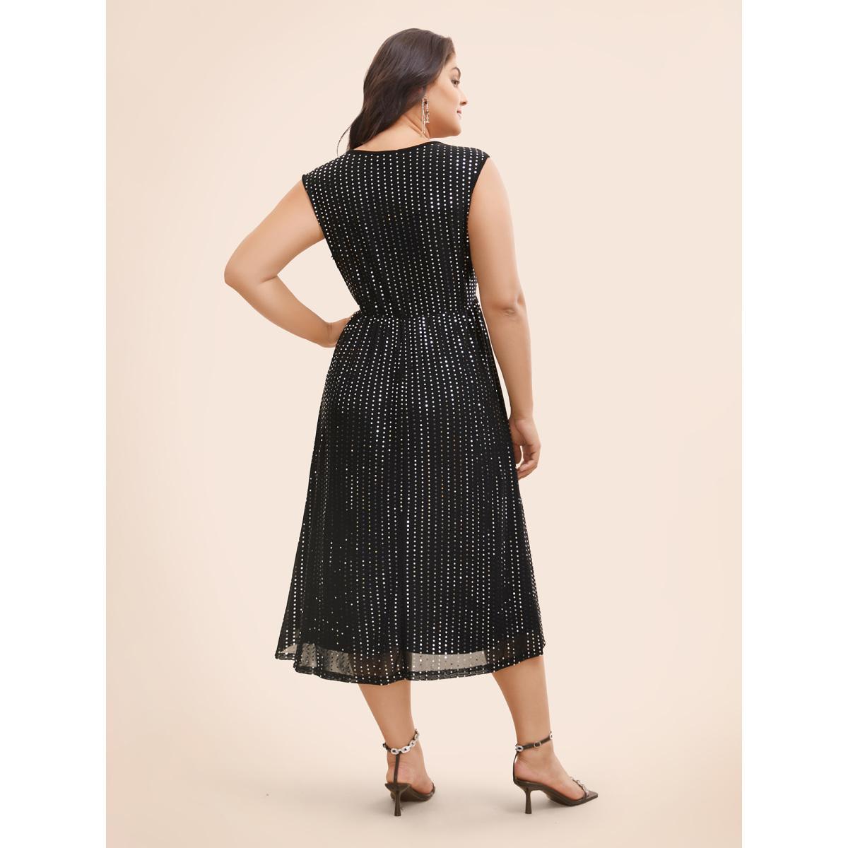 Plus Size Round Neck Sequin Mesh Tank Dress Black Women Cocktail Texture Round Neck Sleeveless Curvy BloomChic 18-20/2X Product Image